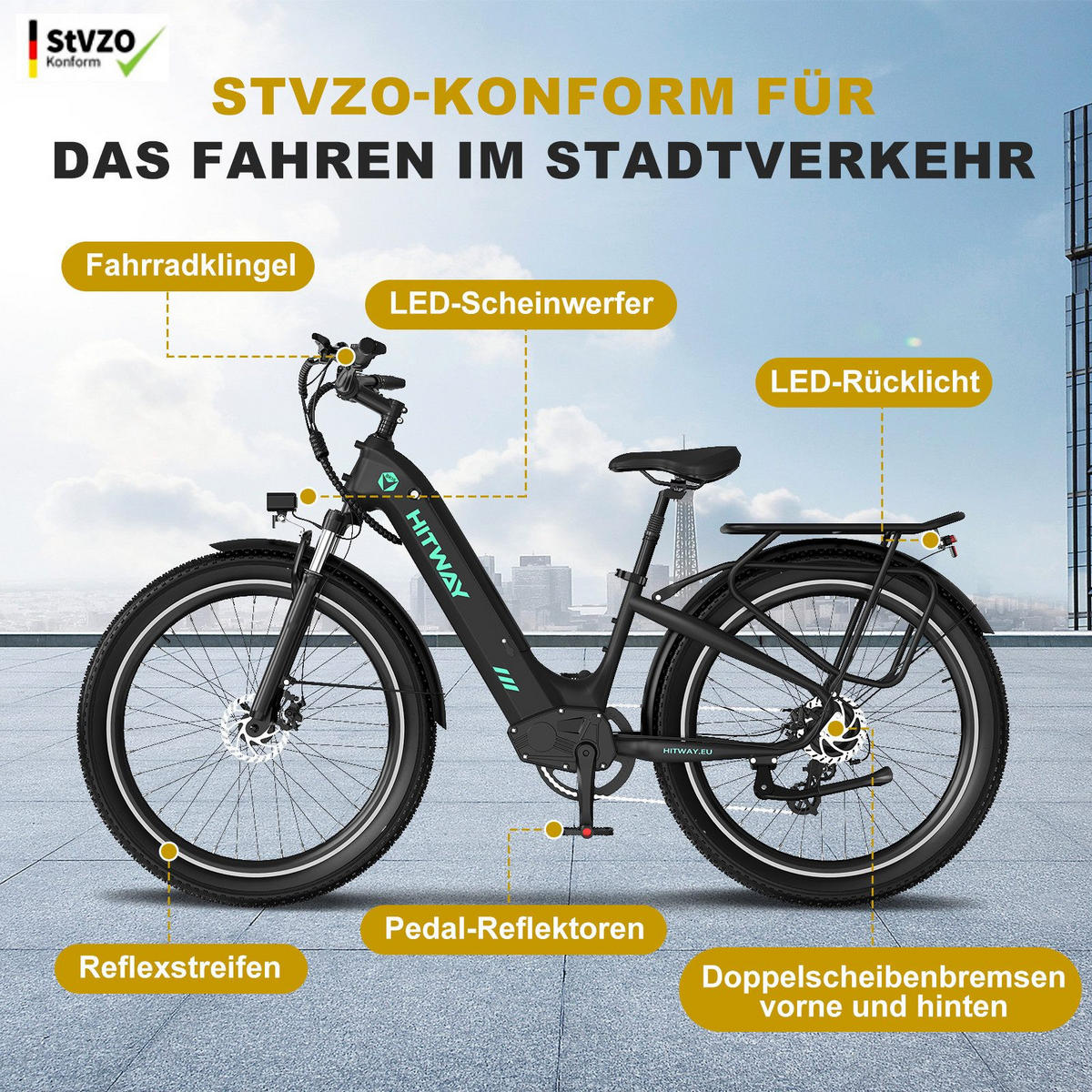 E-BIKE Cityrad BK16 Pedelec 26 *3,0 Zoll, mit 48V18Ah Akku bis zu 120km - Schwarz, Metall (27cm) - HITWAY
