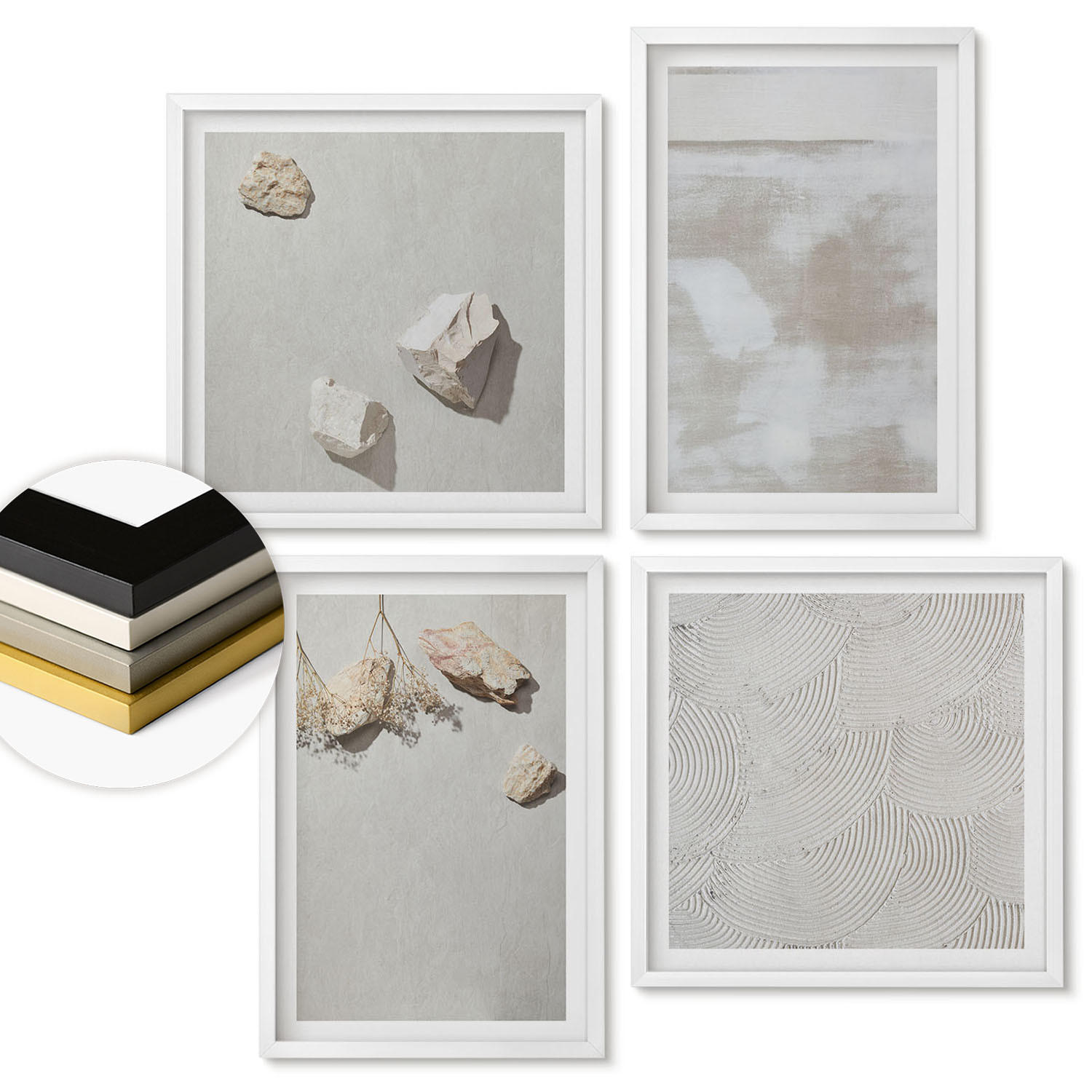 WANDBILDER 4er-Set - 50x50 cm & 40x60 cm Weißer Rahmen - Boho-Textur aus Sandsteinen - Weiß, Kunststoff (50/50cm) - ArtPrintCave