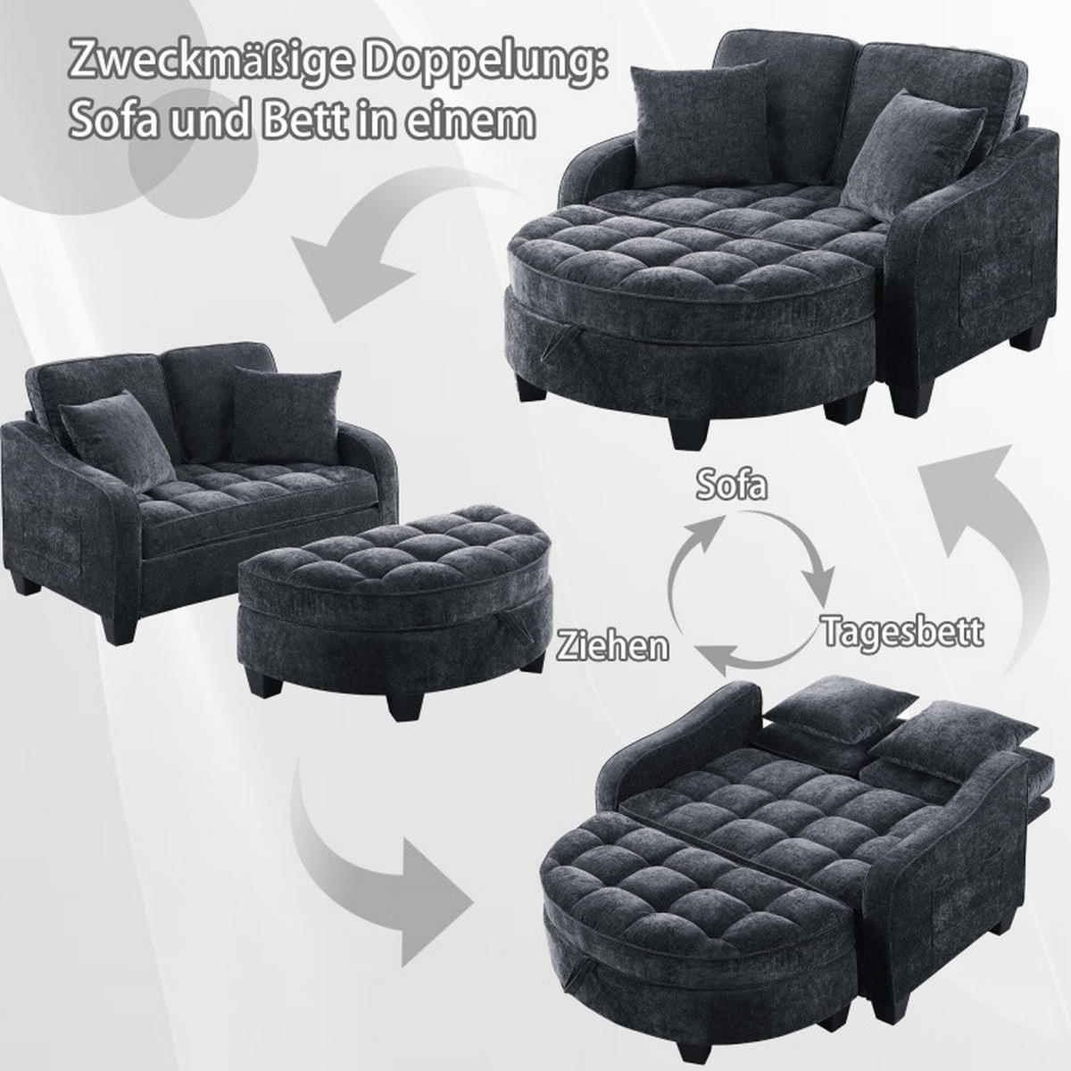 SCHLAFSOFA 2 in 1 Sofa,Sofa mit Schlaffunktion,Hocker und Stauraum Stoffbezug Schwarz - Schwarz, Textil (129/93/132cm)