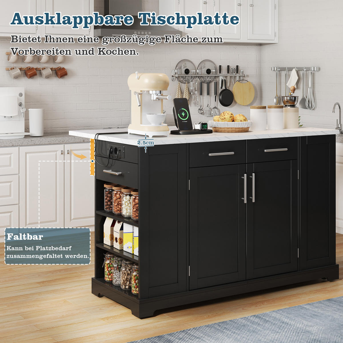 KÜCHENINSEL 138/56/92 cm Schwarz + Weiß mit 3 Schubladen, klappbare Arbeitsplatte und ausziehbarer Mülleimer - Multicolor, Holz/Holzwerkstoff (86/92/138cm) - Oxeza