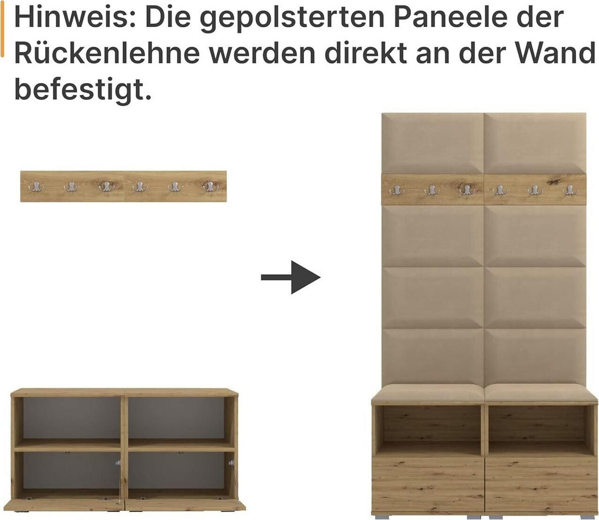 GARDEROBEN-SET Nela III mit gepolsterten Paneelen 100/187/40 - Silberfarben/Creme, Holzwerkstoff/Kunststoff (100/187/40cm)