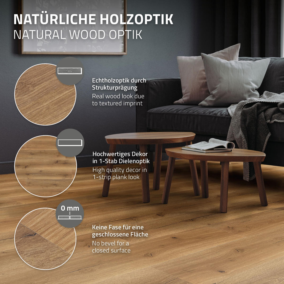 VINYLOVÁ PODLAHA s klikovým systémem 1,54 m²/7 lamel, PVC podlahová krytina, dub rustikální, vzhled dřeva - divoký dub, plast/umělá hmota (122/18/0.42cm) - ML-DESIGN