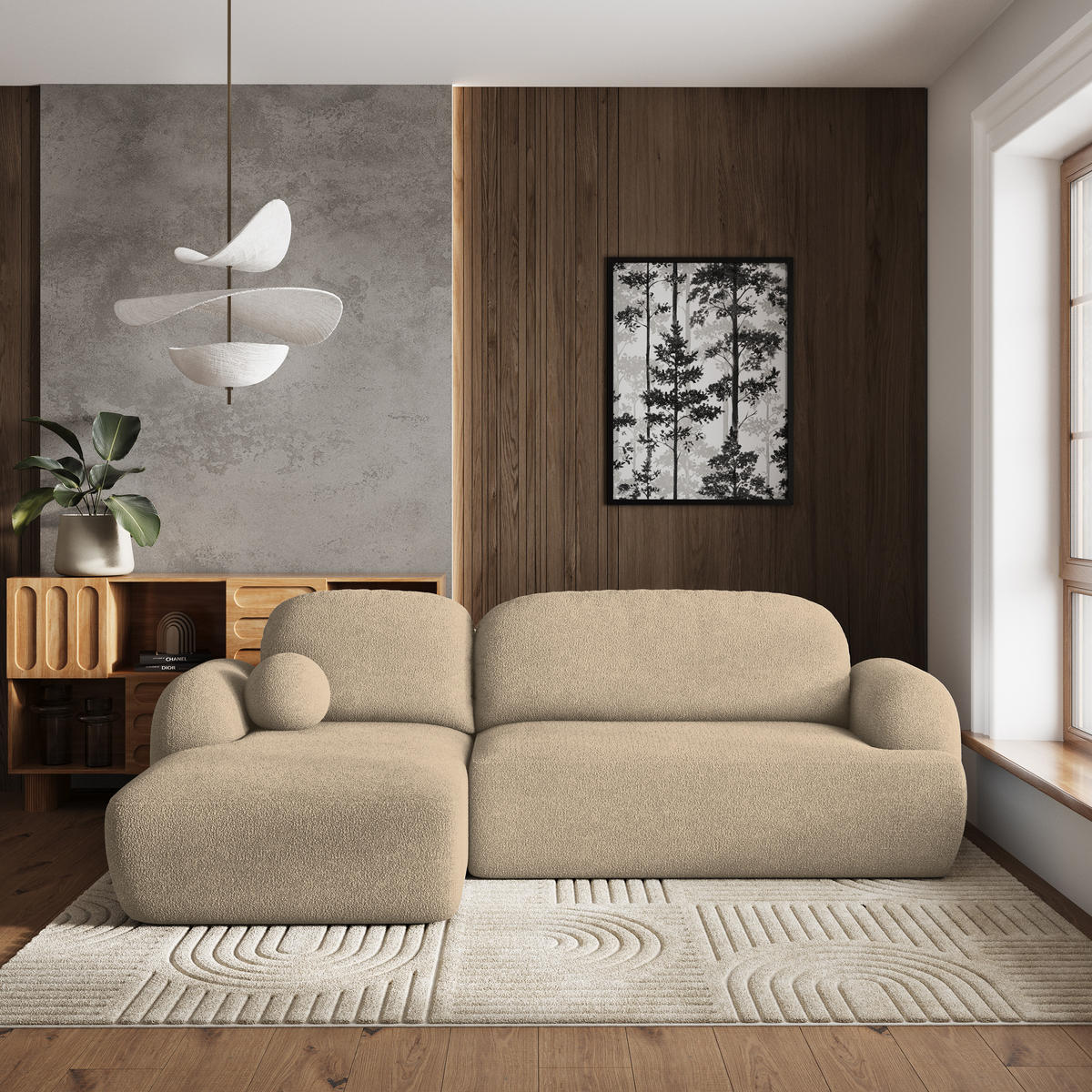 ECKSOFA MODENZA N L-S Creme Boucle-Stoff mit Schlaffunktion - Creme/Schwarz, Holz/Kunststoff (266/148cm) - MASSENO