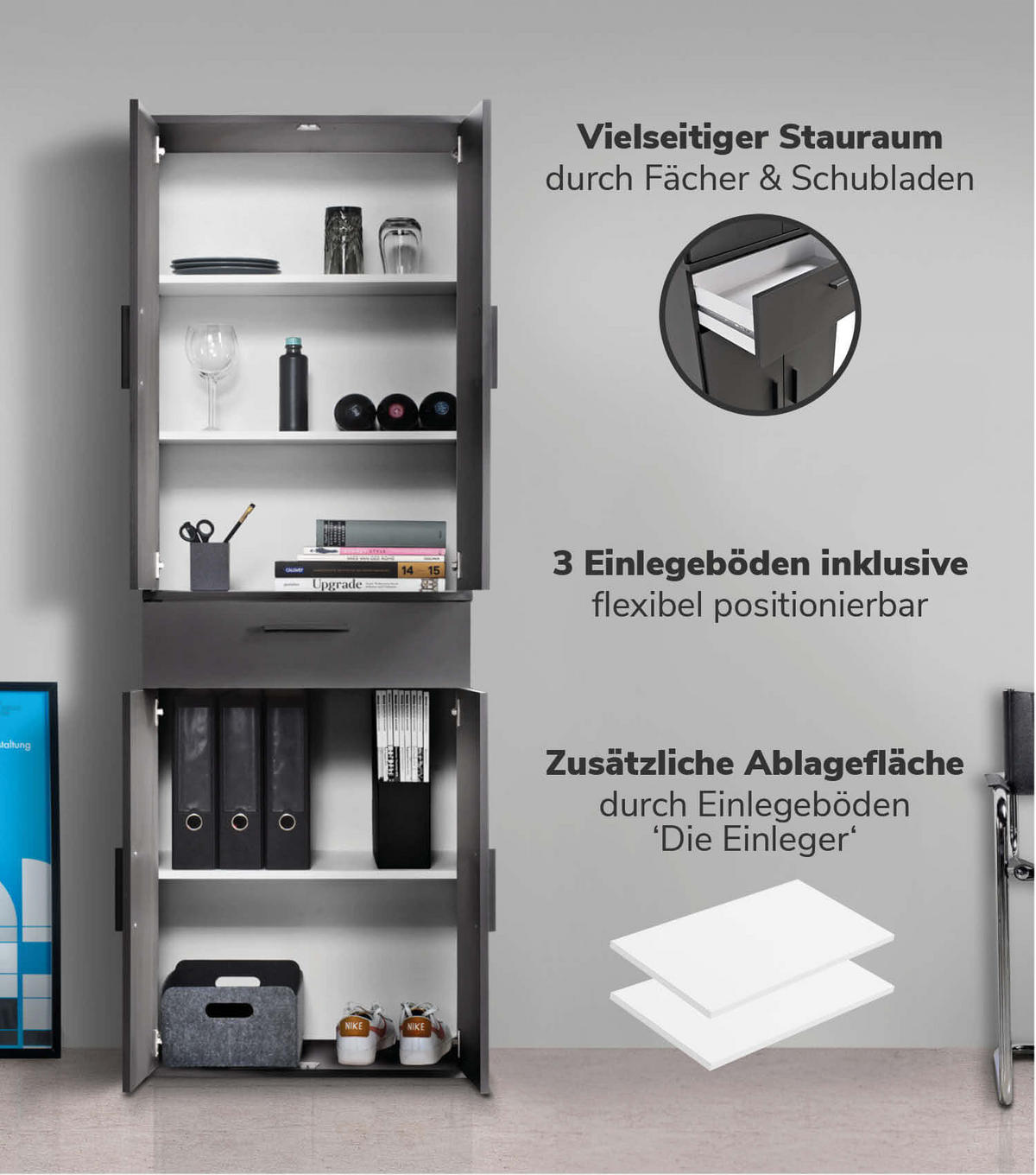 MEHRZWECKSCHRANK SET Der Allzweckwaffe - Anthrazit/Schwarz, Holzwerkstoff (60/180/34cm) - Mokebo