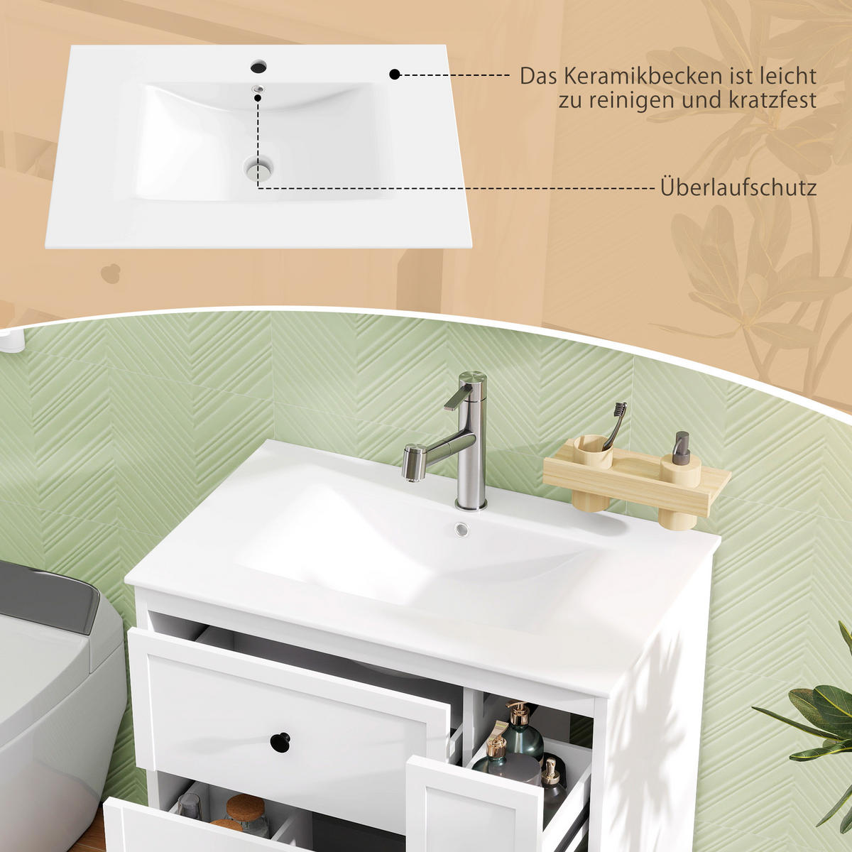 WASCHTISCHKOMBI 76/46/82 cm Weiß mit 1 seitliche Auszugsschublade und 3 Schubladen, ohne Wasserhahn - Weiß, Holz/Holzwerkstoff (46/82/76cm) - Oxeza