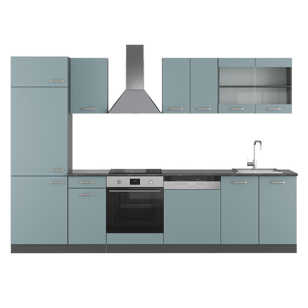 KÜCHENZEILE R-Line Blau-Grau/Anthrazit 300 cm ohne AP - Anthrazit/Blaugrau, Holzwerkstoff (300/81.6/46cm) - Vicco