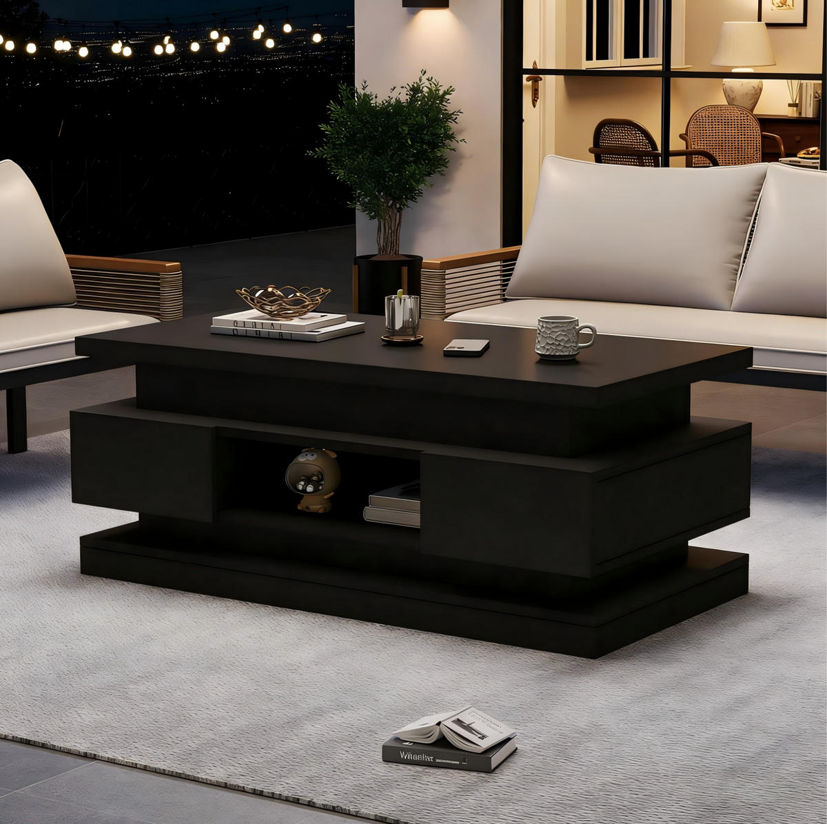 COUCHTISCH 100/50/40 cm Schwarz höhenverstellbar mit LED-Beleuchtung und Stauraum - Schwarz, Holzwerkstoff (100/50/40cm) - OKWISH