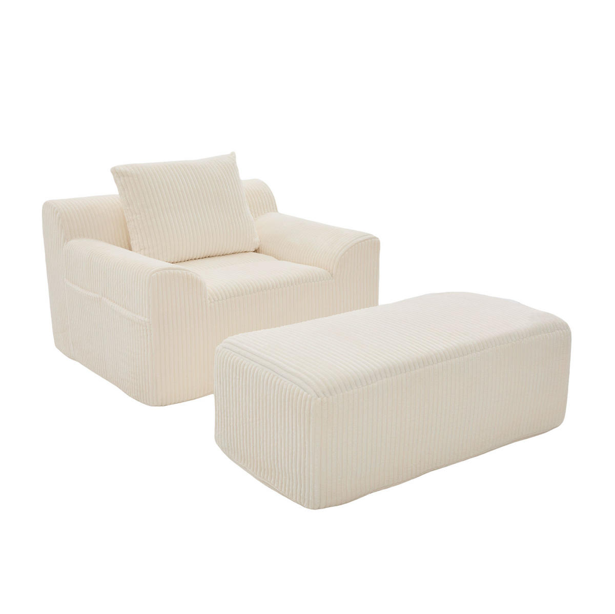 SESSEL aus Cord 147x110x67 cm Beige mit Fußhocker, Seitentaschen und montagefreiem Komfort - Beige, Textil (110/67/147cm) - Modfu
