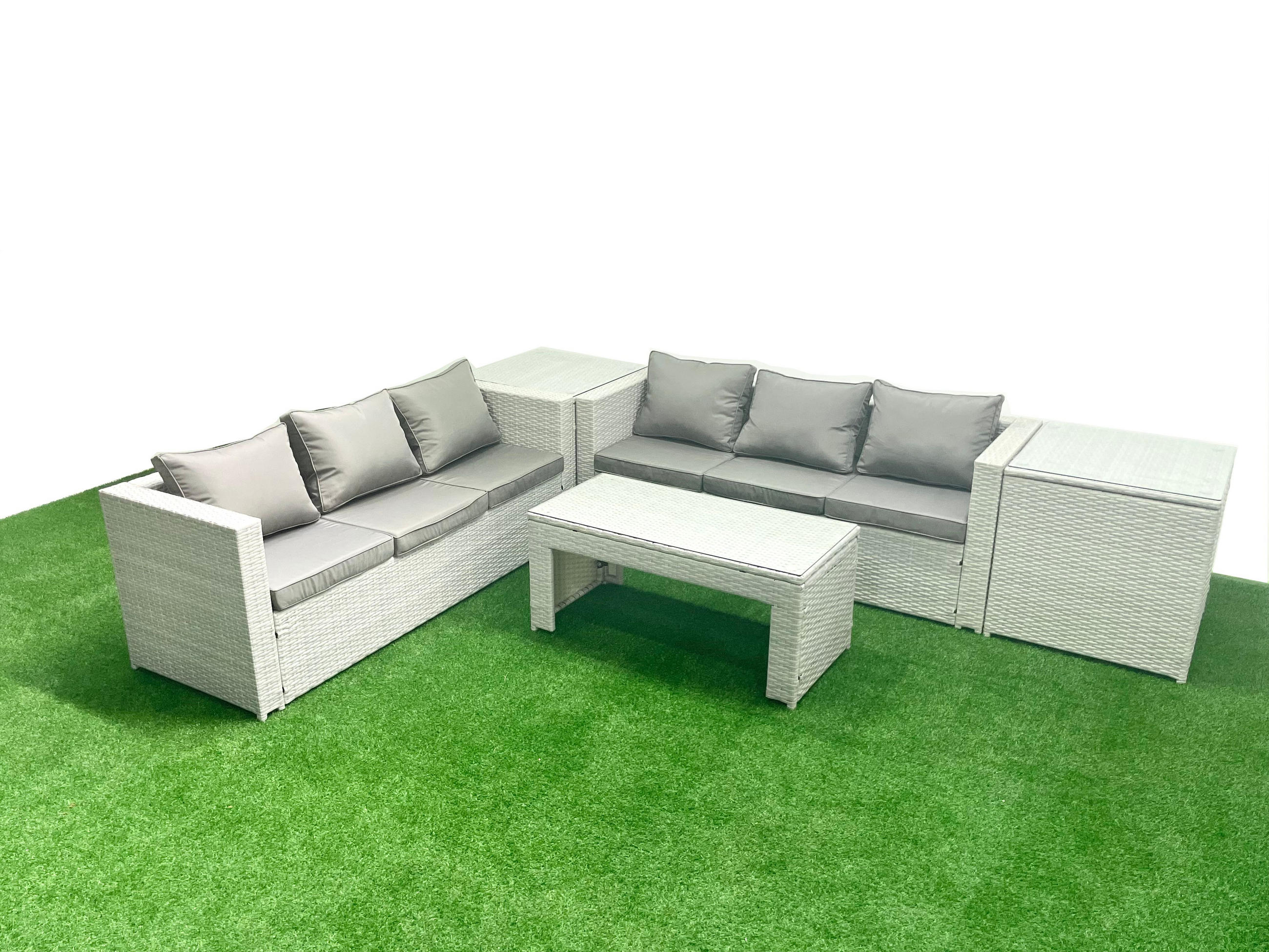 GARTENSOFA hohe Rückenlehne Polyrattan Hellgrau-Mix 6-Sitzer - Hellgrau/Grau, Glas/Kunststoff - Fimous
