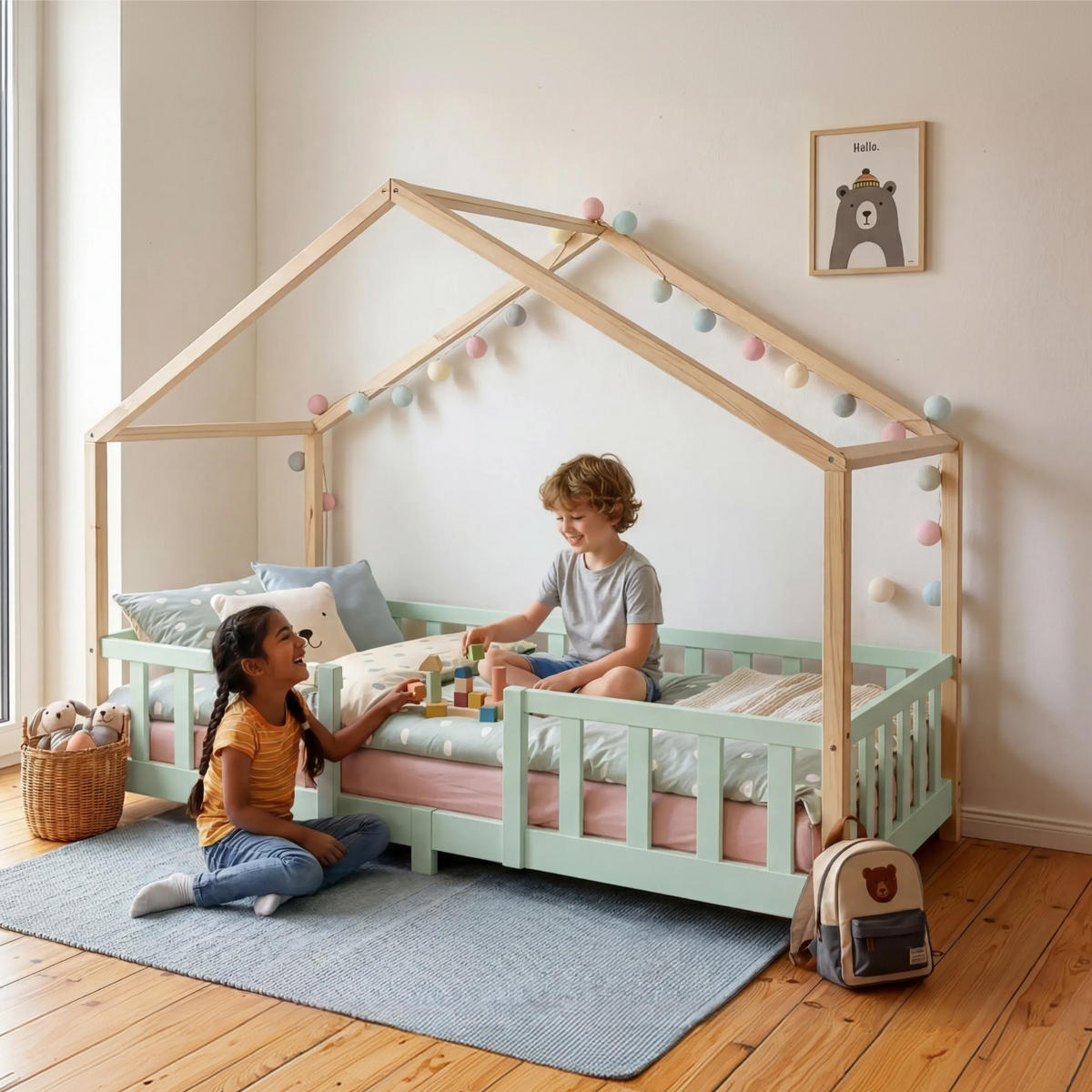 HAUSBETT Treviolo - Naturfarben/Mintgrün, Holz (90/200cm) - [en.casa]