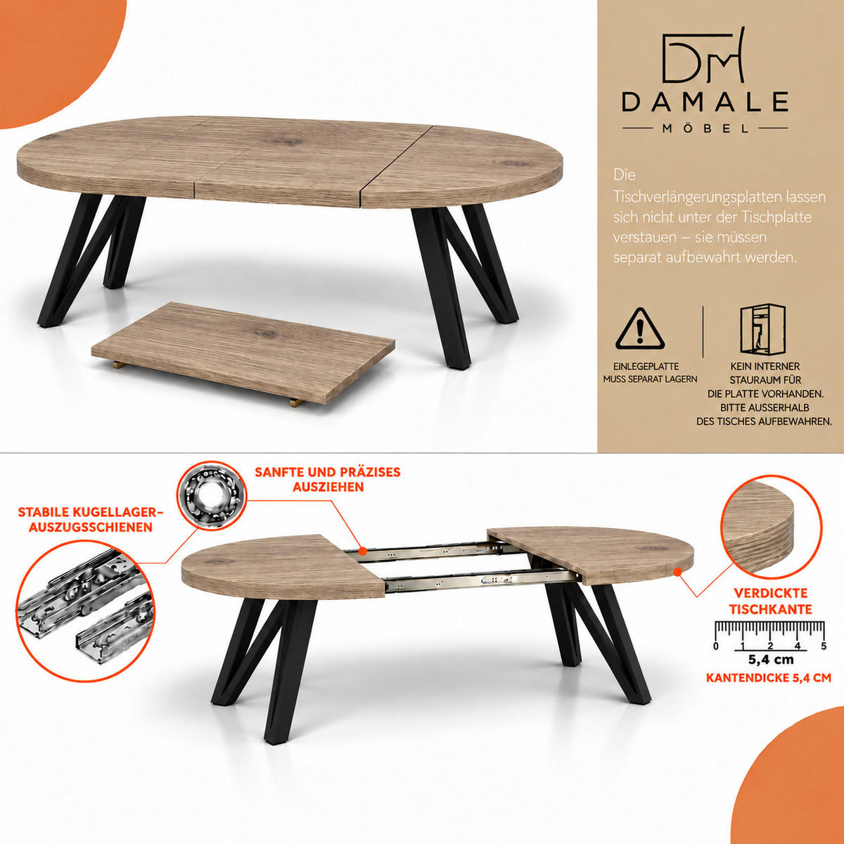 ESSTISCH rund ausziehbar 90/190/76 cm, Graubraun Eiche Halifax Egger, 54 cm Tischplatte + Industrial Metallgestell Schwarz - Eichefarben/Graubraun, Holzwerkstoff/Metall (90/190/76cm) - Damale Möbel