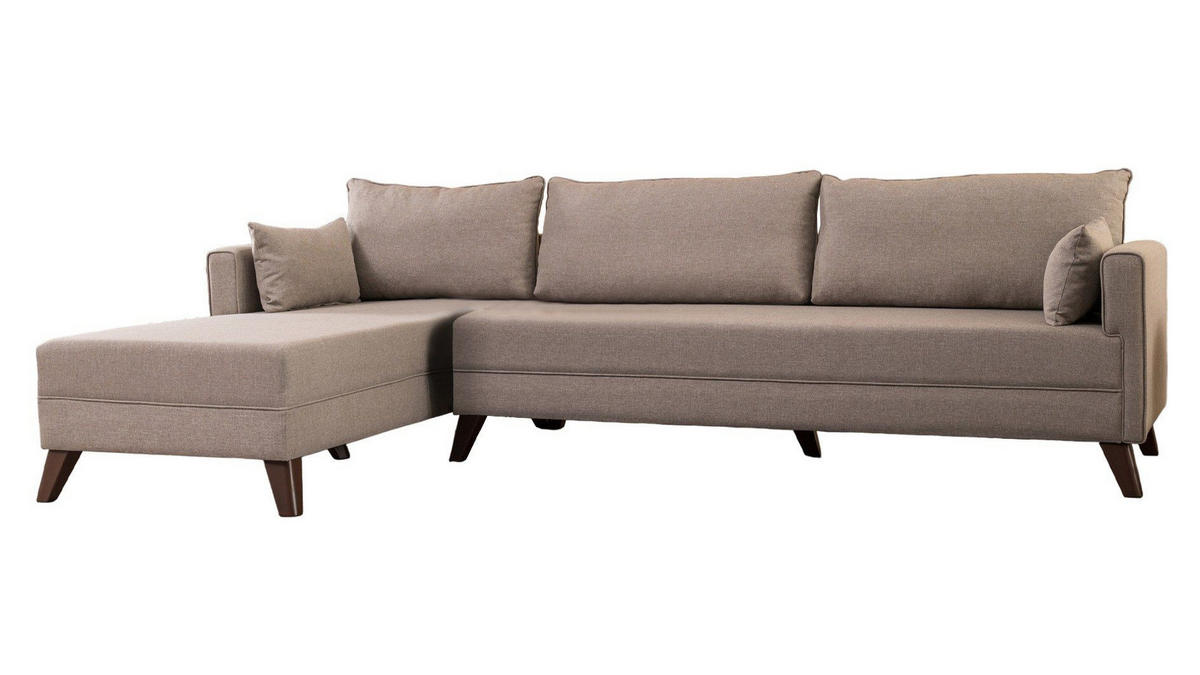 ECKSOFA mit losen Rückenkissen und Schlaffläche - Beige/Walnussfarben, Holz/Kunststoff (275/165cm) - myHomelando
