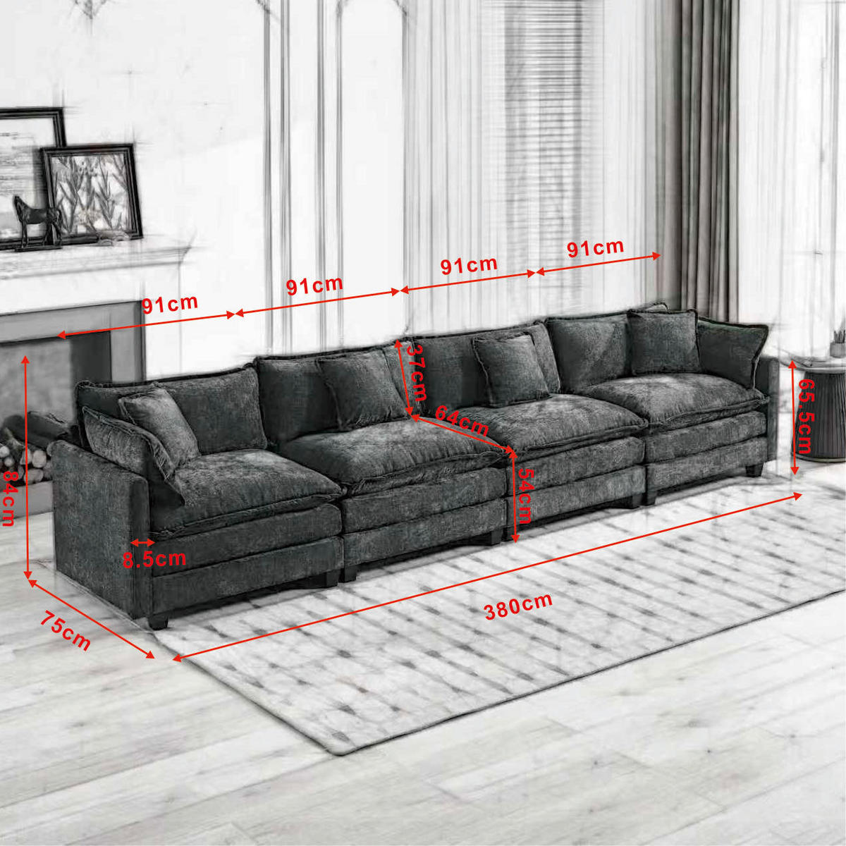SOFA modular Chenille Schwarz - Schwarz, Holz (75/84/380cm) - Meubliv