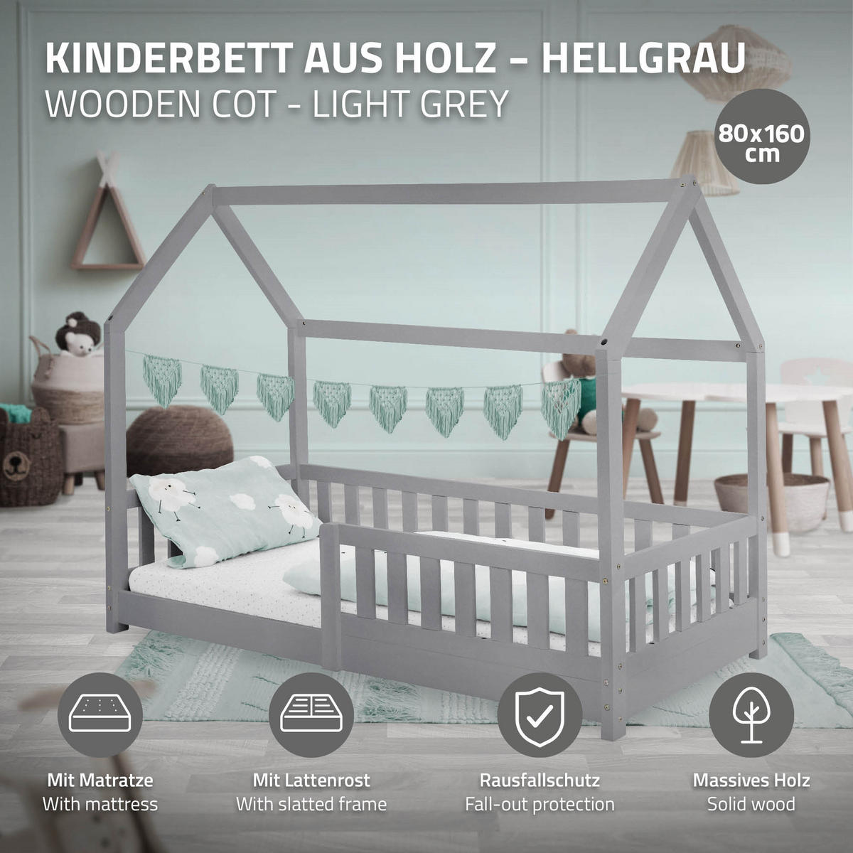 KINDERBETT mit Dach und Matratze 80x160 cm Hellgrau - Hellgrau, Holz (80/160cm) - ML-DESIGN