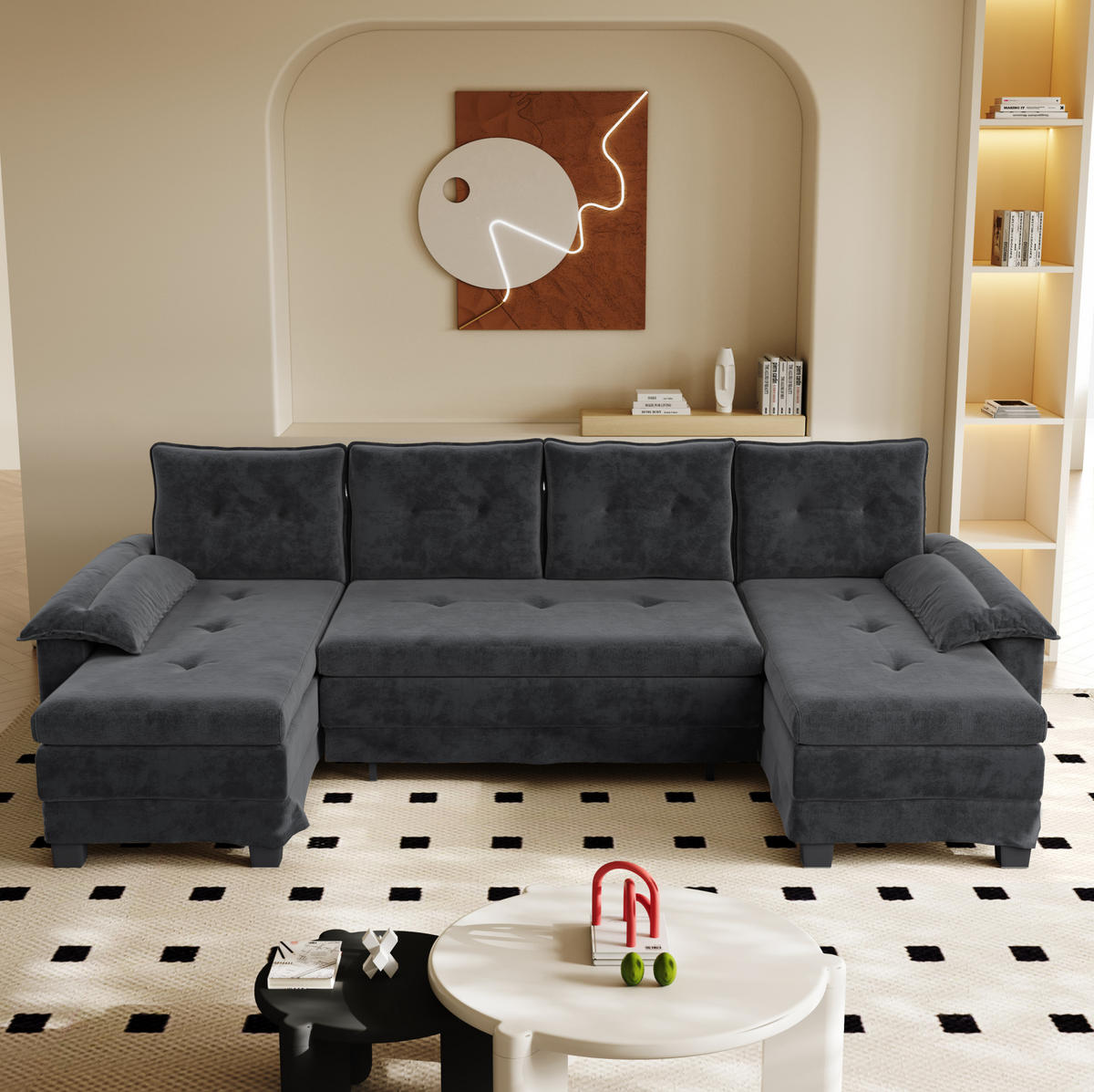 SCHLAFSOFA aus Chenille 278x127x87 cm Grau mit USB-Anschluss, abnehmbaren Armlehnen und Ausziehfunktion - Grau, Textil (278/87/127cm) - Modfu