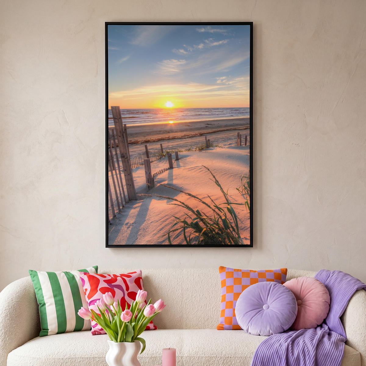 LEINWAND Bilder mit Rahmen - Strand - Meer - Düne - Sonnenuntergang - Landschaft - 80x120 - Beige, Textil (80/120cm) - MuchoWow