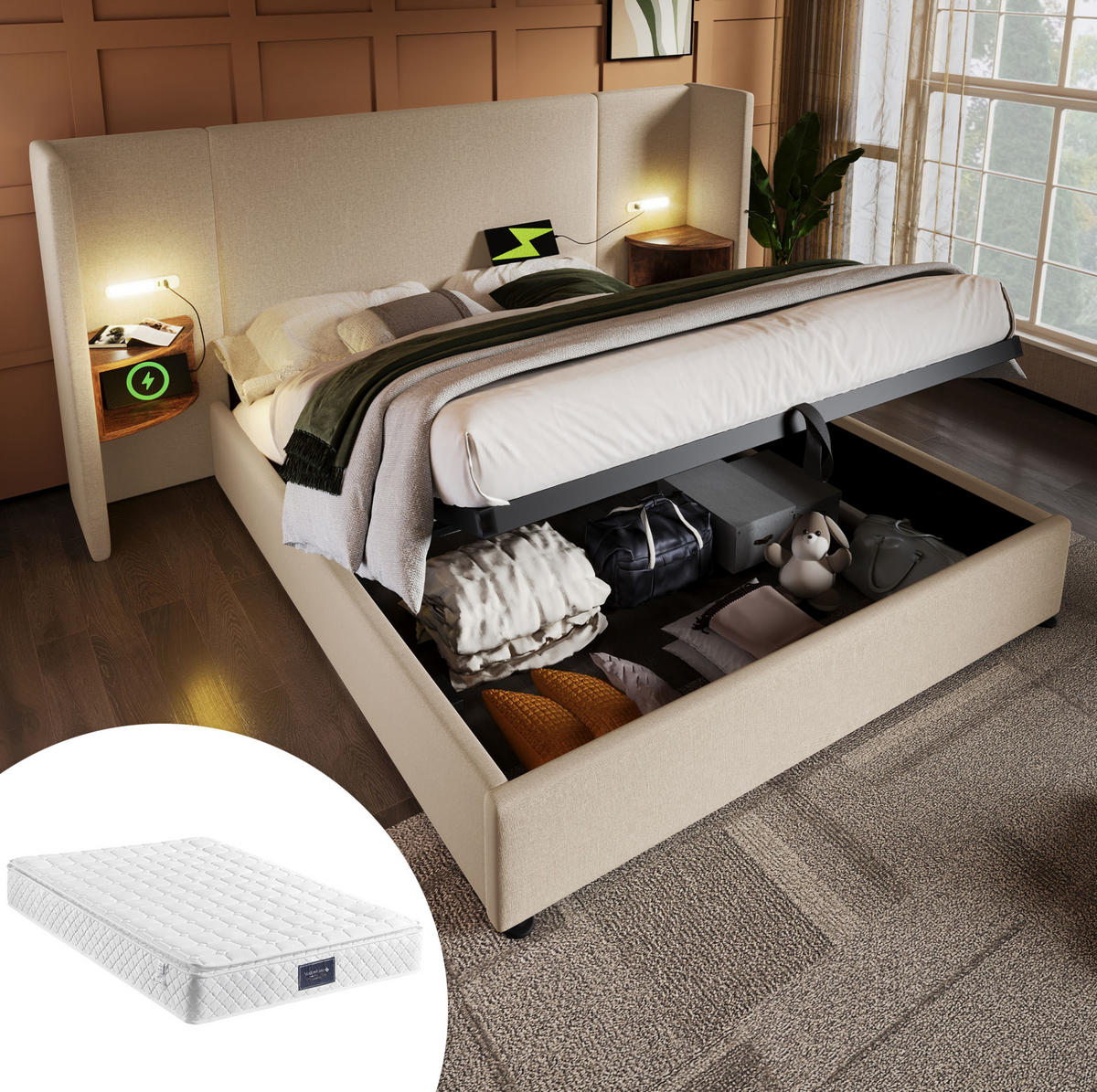 POLSTERBETT 160/200 cm Beige aus Leinen mit Stauraum, Leselampe und USB-Type-C-Ladefunktion - Beige, Textil (160/200cm) - OKMYHOME