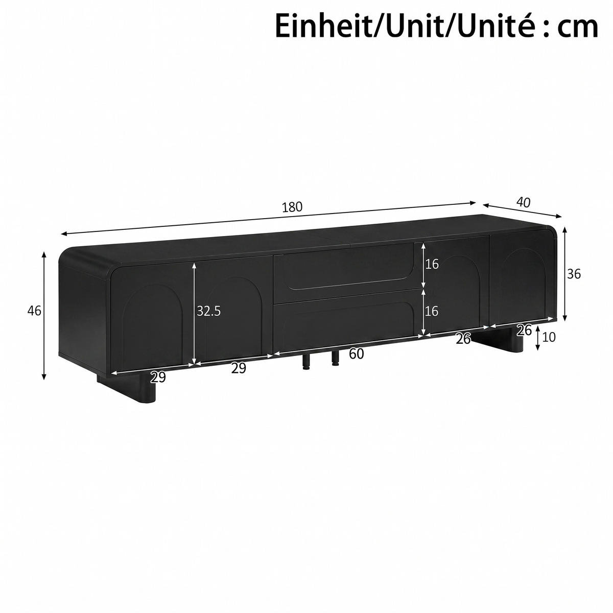 LOWBOARD DE-40181 mit abgerundeten Kanten Schwarz - Schwarz, Holzwerkstoff (180/46/40cm) - ComfortXL