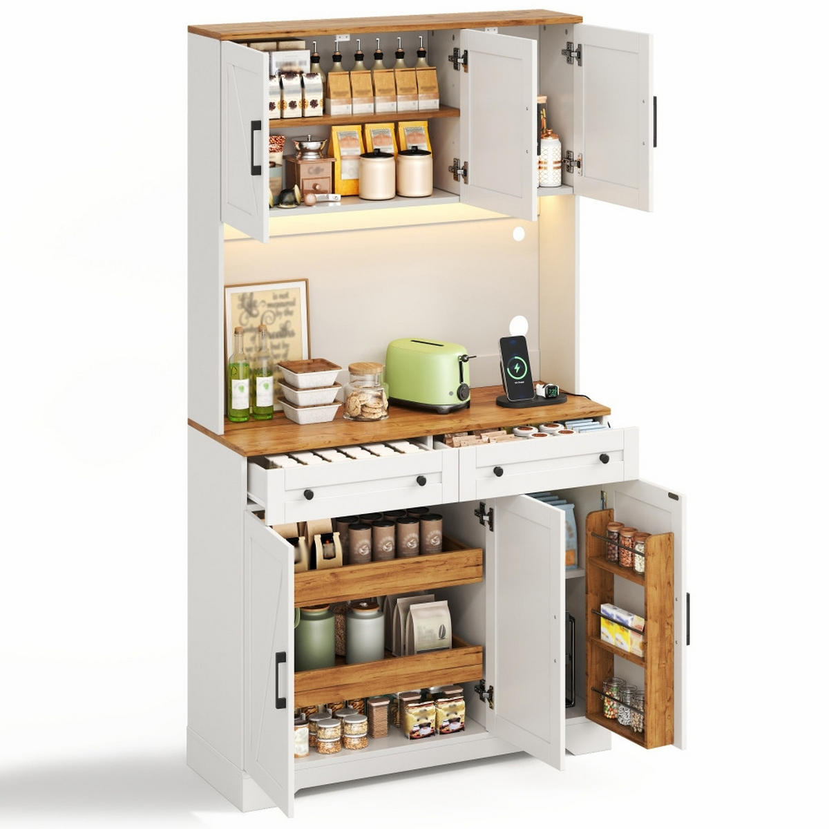 KÜCHENSCHRANK mit LED-Beleuchtung, integrierten Steckdosen, ausziehbarem Organizer, MDF, 100/180/40 cm - Naturfarben, Kunststoff (40/180/100cm) - Rolipo
