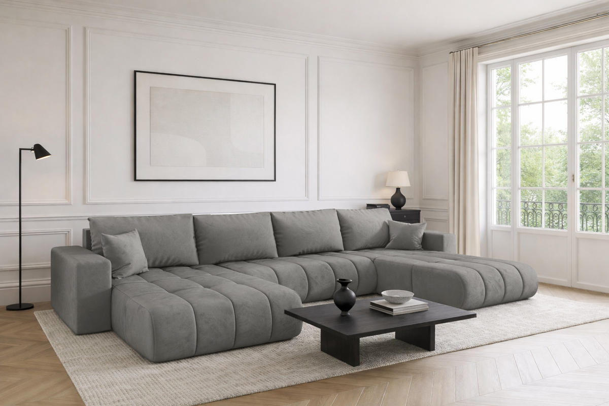 ECKSOFA mit schlaffunktion und bettkasten MILO U PREMIUM, stoff MONOLITH, Hellgrau - Hellgrau, Holz (384/190cm) - Kaiser Möbel