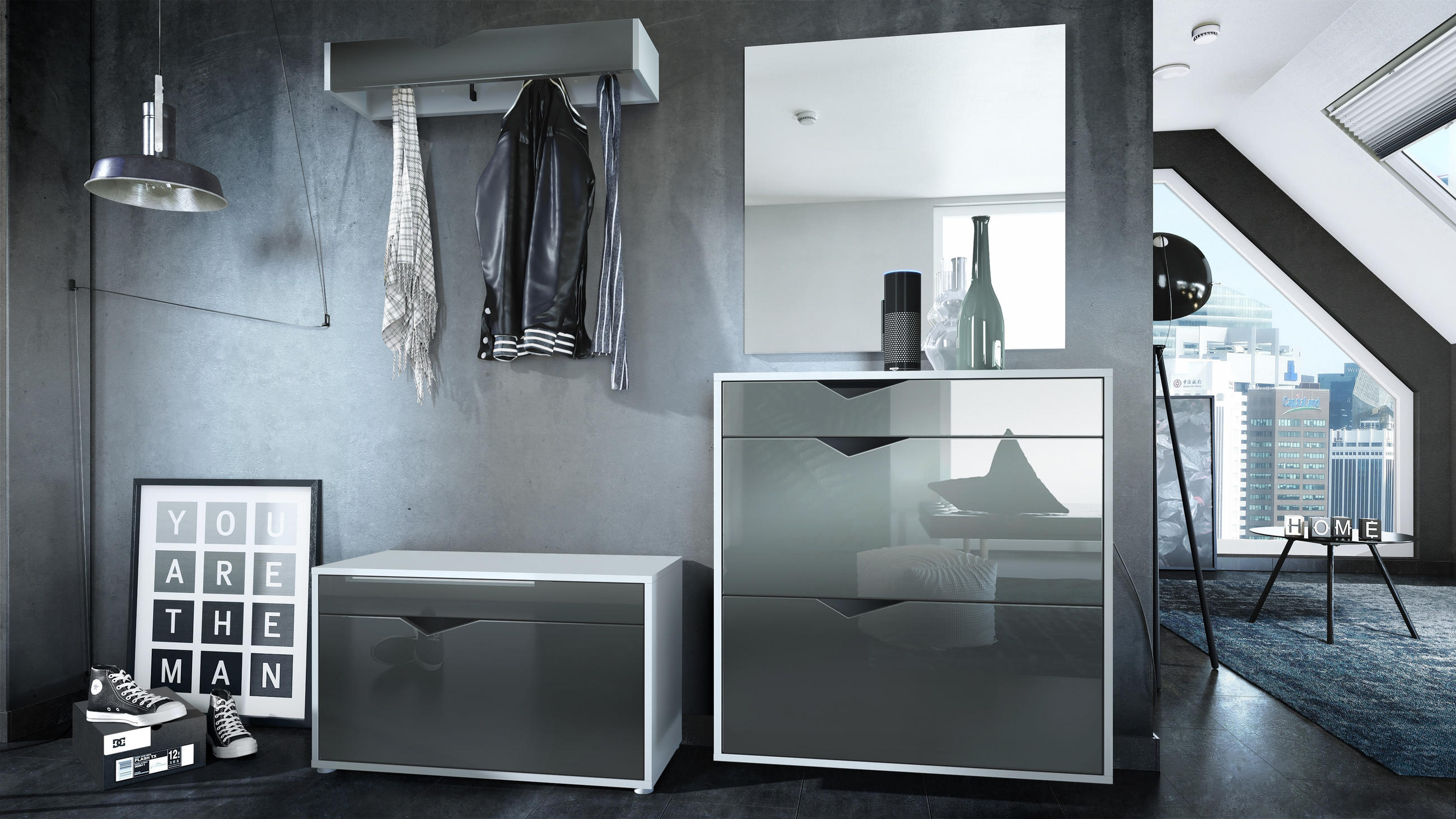 GARDEROBE Kolmio Fronten in Grau Hochglanz - Grau, Holzwerkstoff (190/185/33cm) - Vladon
