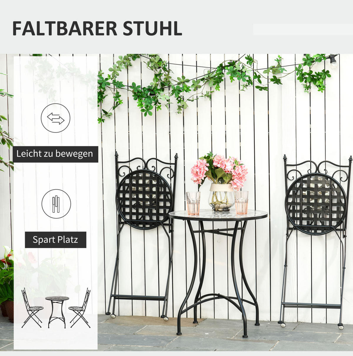 GARTENSET aus Metall, Tisch Ø60x71 cm, Stühle 50x49x95 cm, Grau, mit Klappstühlen und Mosaikdetails - Grau, Metall - Modfu