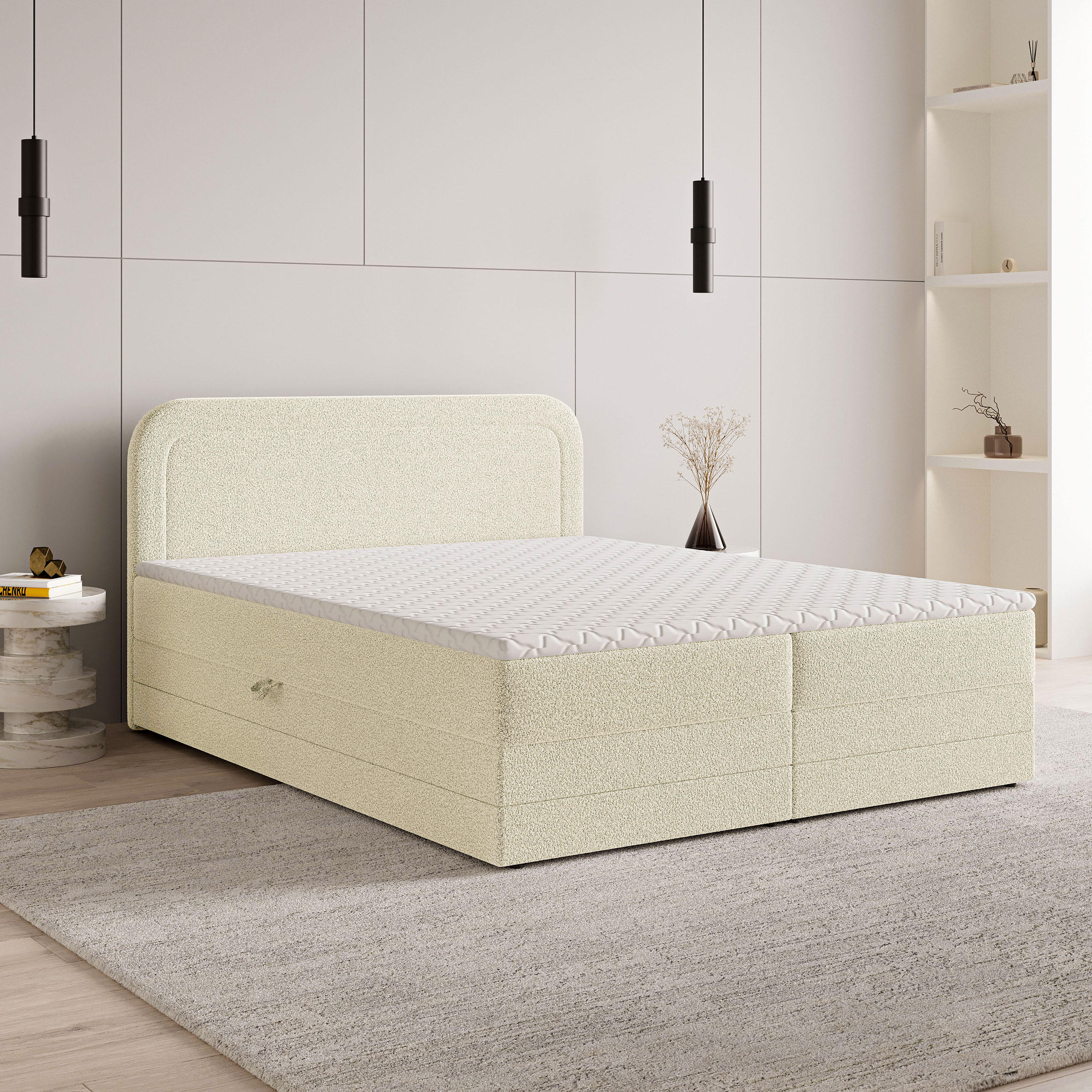 BOXBETT ARMEL 140x200 cm mit Matratze und Topper - Creme - Creme, Holz (140/200cm) - MASSENO