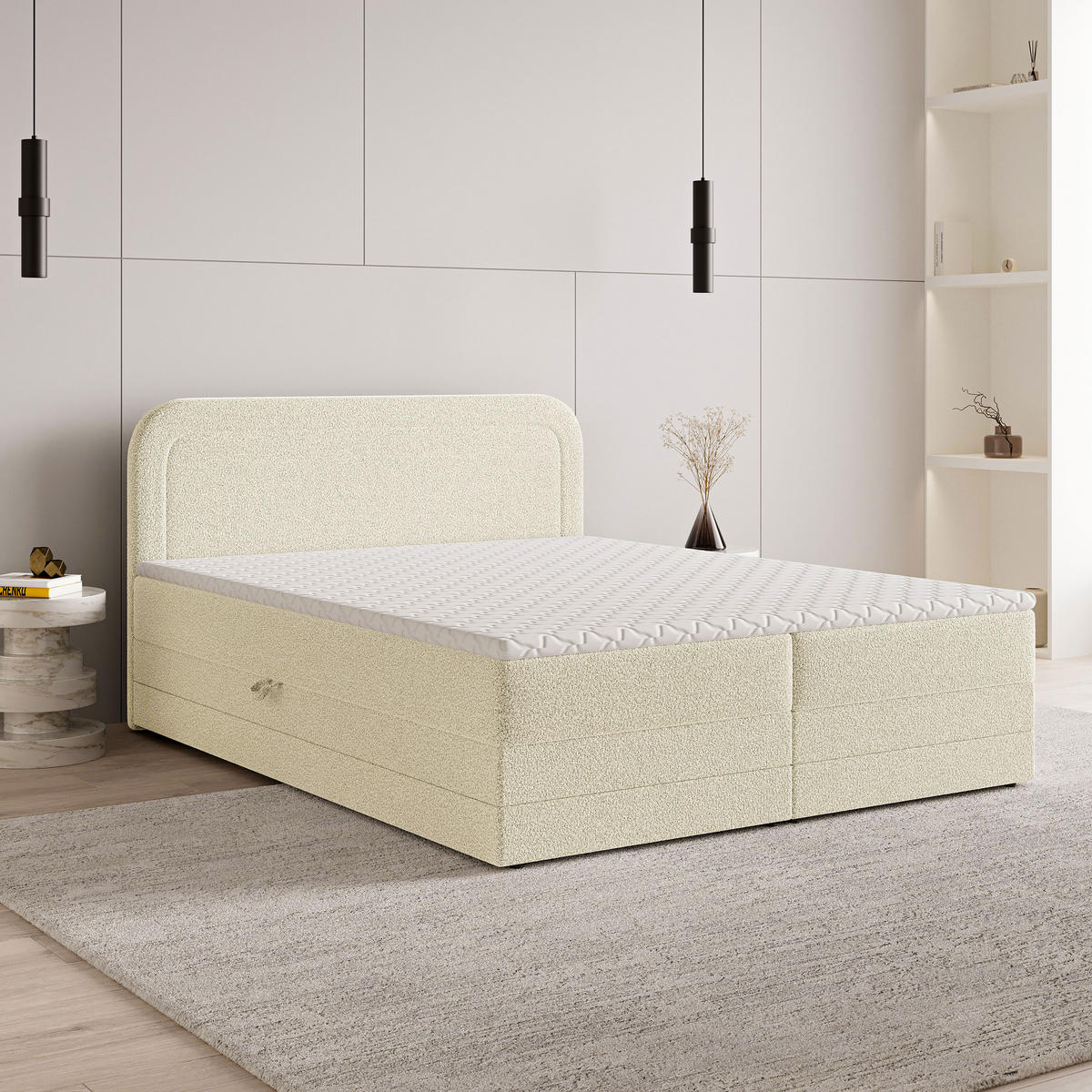 BOXBETT ARMEL 180x200 cm mit Matratze und Topper - Creme - Creme, Holz (180/200cm) - MASSENO
