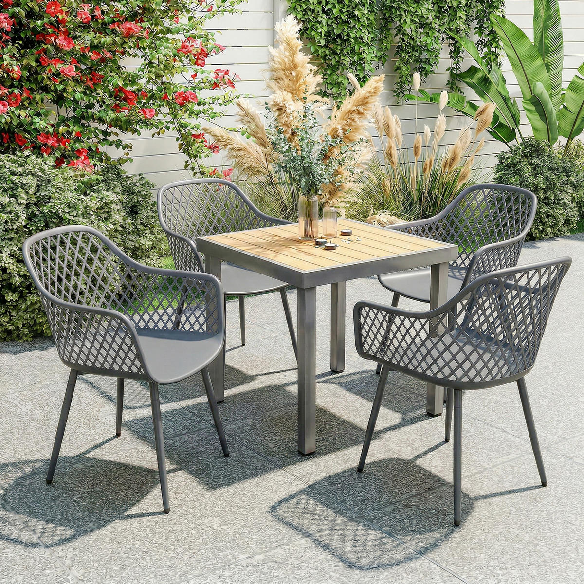 GARTENSTUHL 4er Set UV-beständige Gartenstühle aus Kunststoff mit Armlehne Rückenlehne 56 x 51 x 84 cm Dunkelgrau - Dunkelgrau, Metall (56/84/51cm)