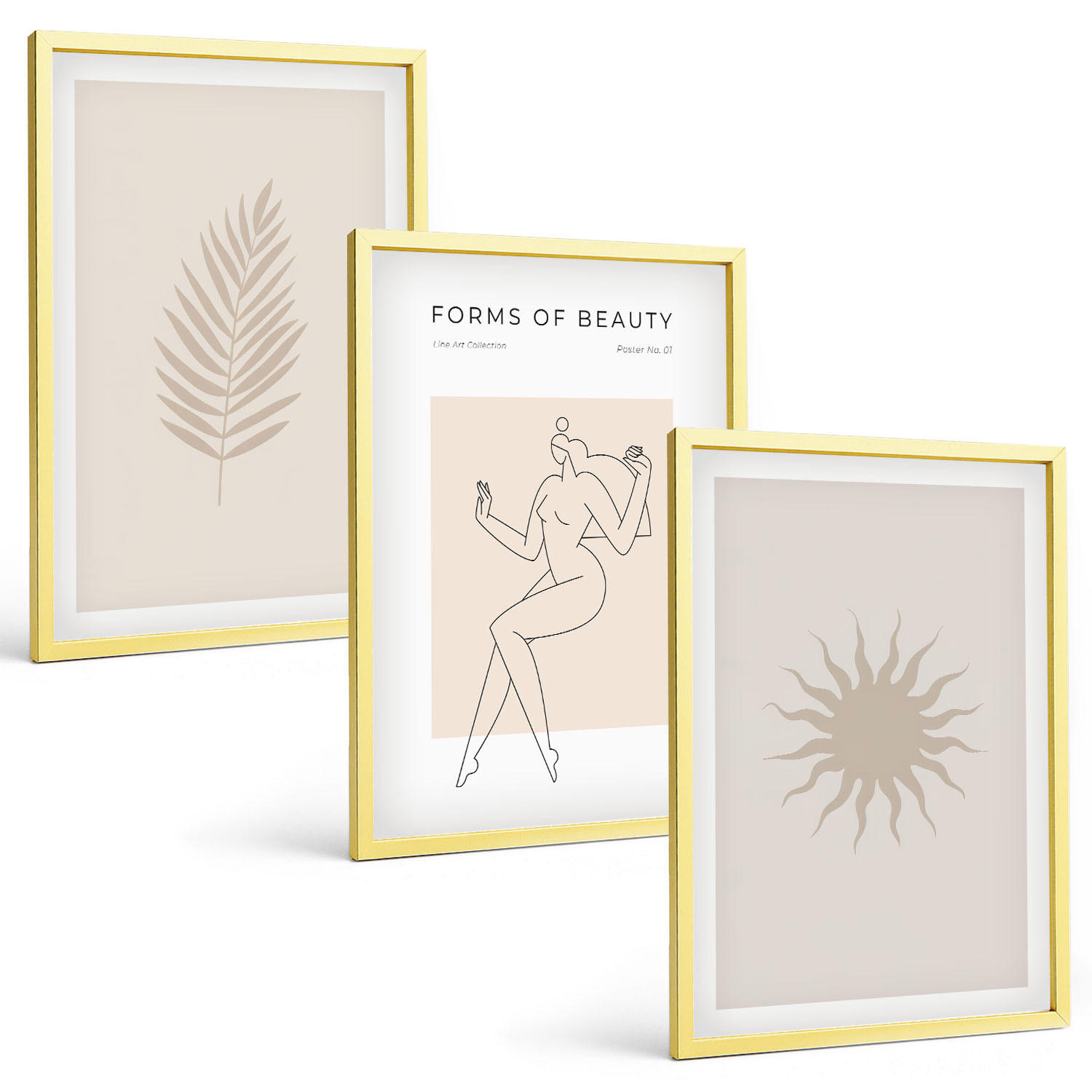 BILDER SET 3er Set - 40x60 cm Goldrahmen - Eine Sammlung minimalistischer Formen - Goldfarben, Kunststoff (40/60cm) - TULUP