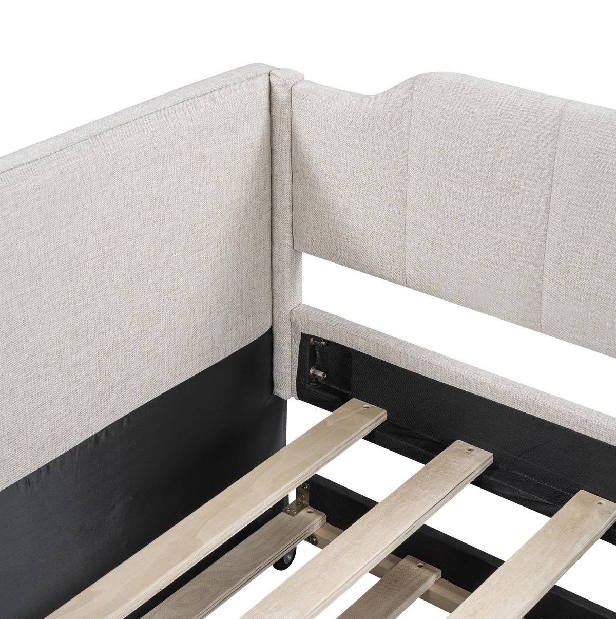 ČALÚNENÁ posteľ z bavlnenej ľanovej látky 213x97x81 cm béžová s výsuvným lôžkom a zaoblenými podrúčkami - béžová, textil (90/200cm) - Modfu