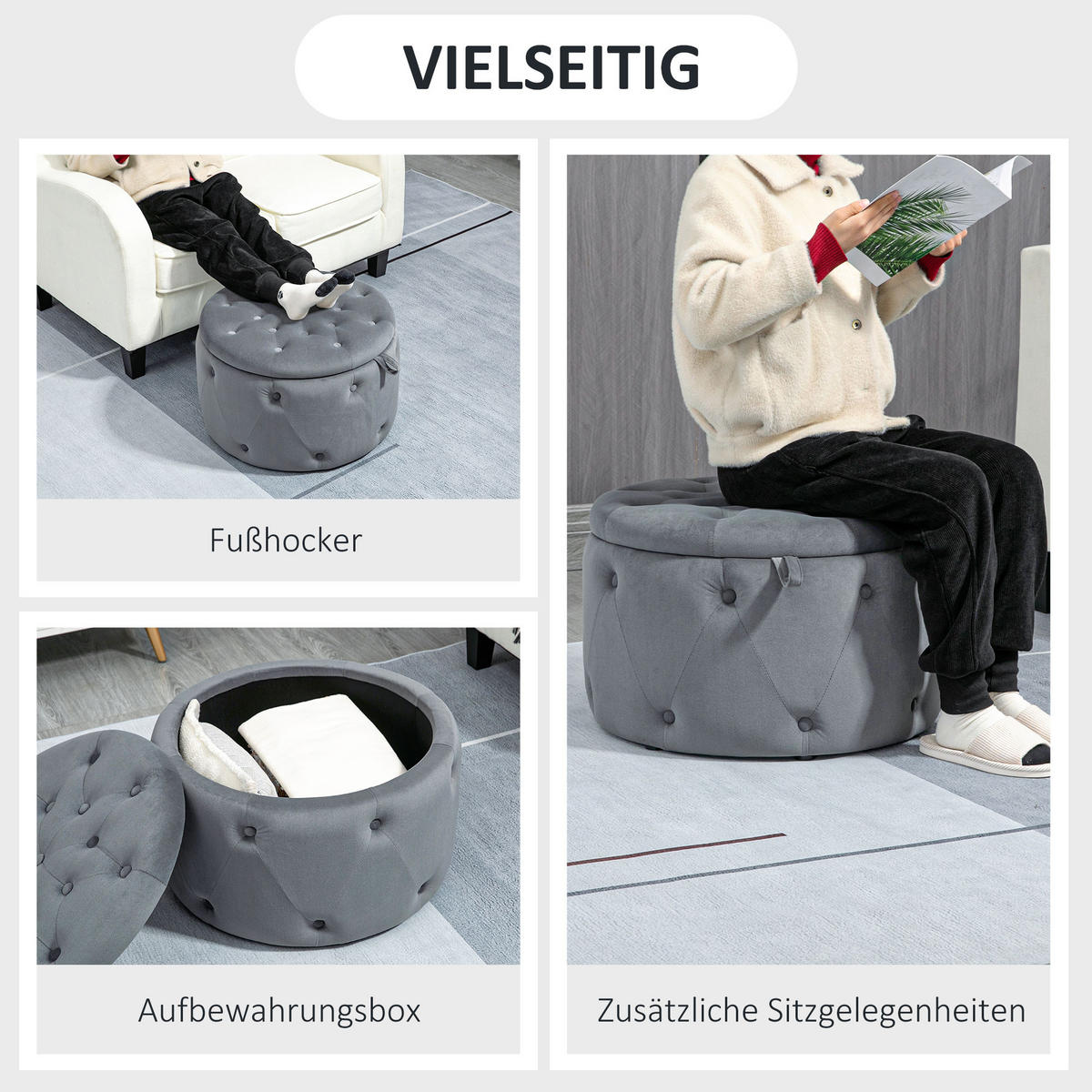 SITZHOCKER, Polsterhocker, Grau - Grau, Kunststoff (60/40/60cm) - HOMCOM
