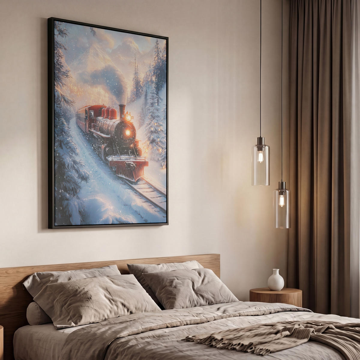 LEINWAND Bilder mit Rahmen - Weihnachtszug - Schnee - Winter - Weihnachten - 60x90 - Dunkelrot, Textil (60/90cm) - MuchoWow