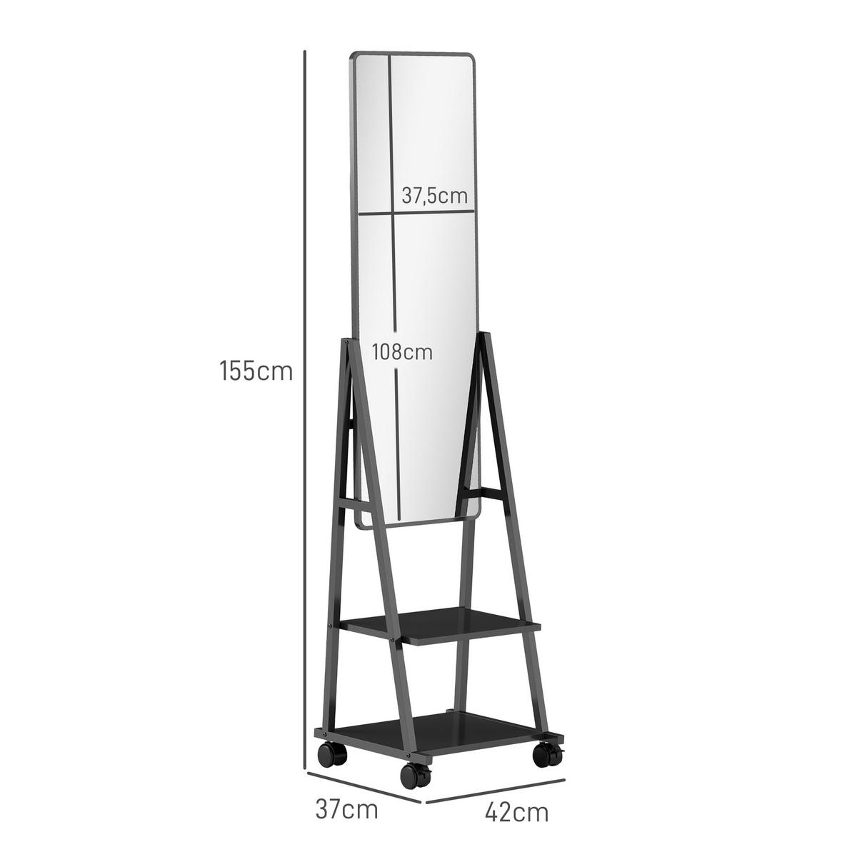 GANZKÖRPERSPIEGEL, 42 x 155 cm Standspiegel mit Ablage, Schwarz - Schwarz, Metall (42/155/37cm) - HOMCOM