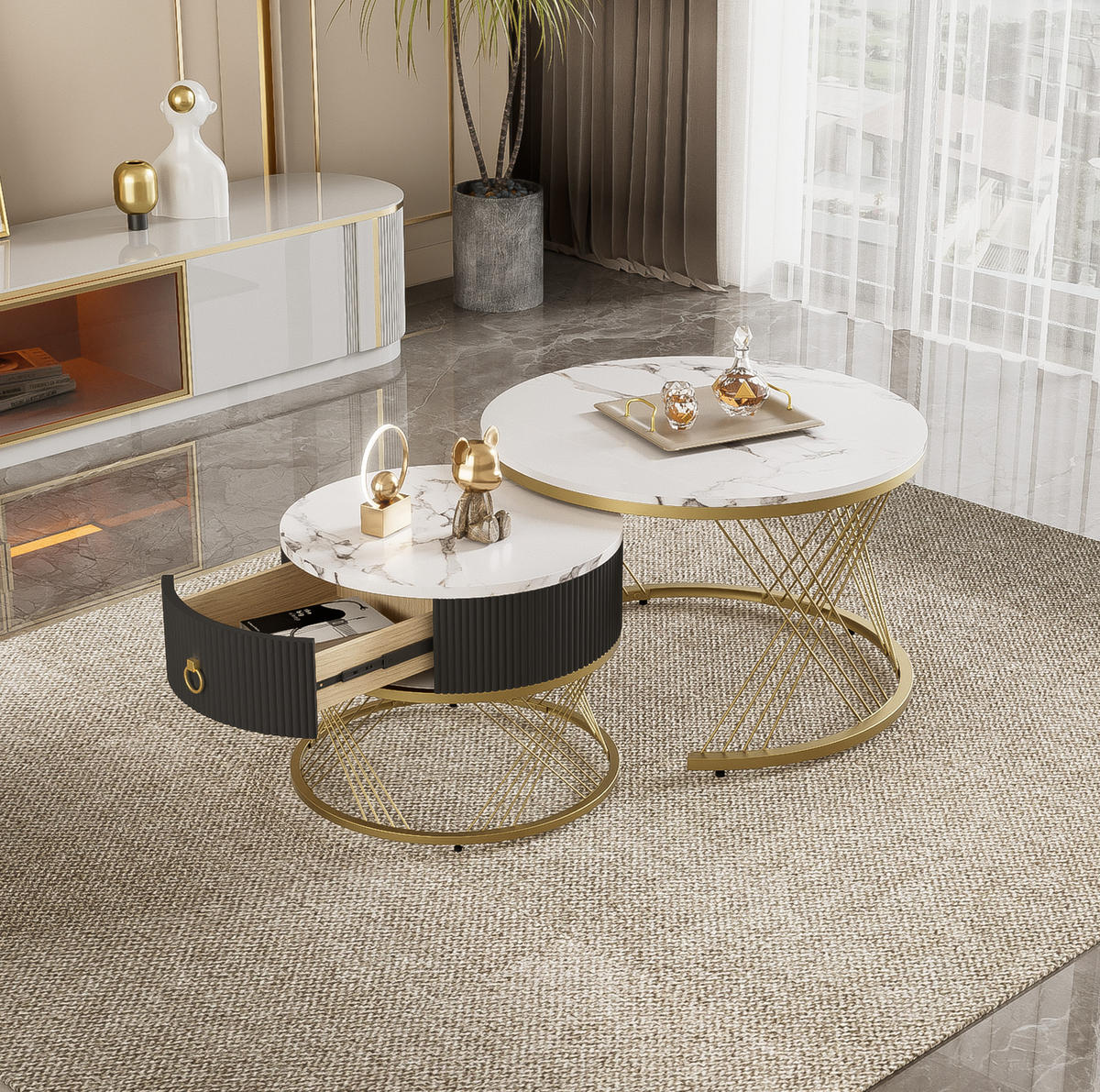 COUCHTISCH 70/70/45 + 50/50/40 cm in Marmor-Optik mit Schublade, 2er-Set - Weiß, Holzwerkstoff (70/70/45cm) - Flora Grace