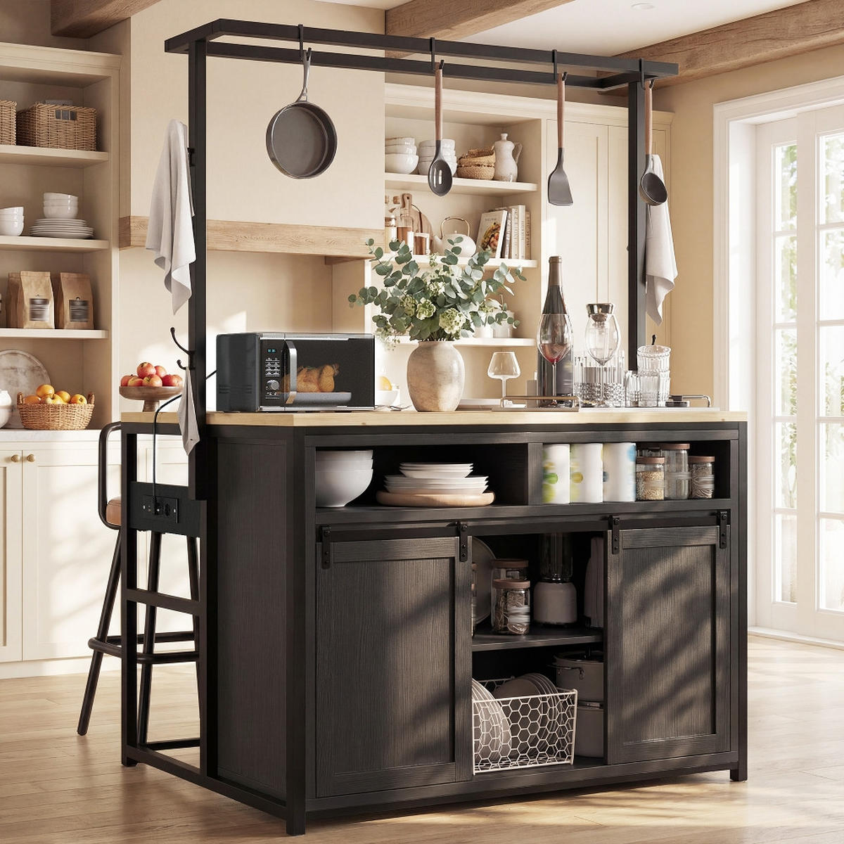 KÜCHENINSEL Küchenschrank mit Arbeitsplatte STROMANSCHLUSS Holzoptik Schwarz 107/62/183 cm - Schwarz, Kunststoff (62/183/107cm) - Rolipo