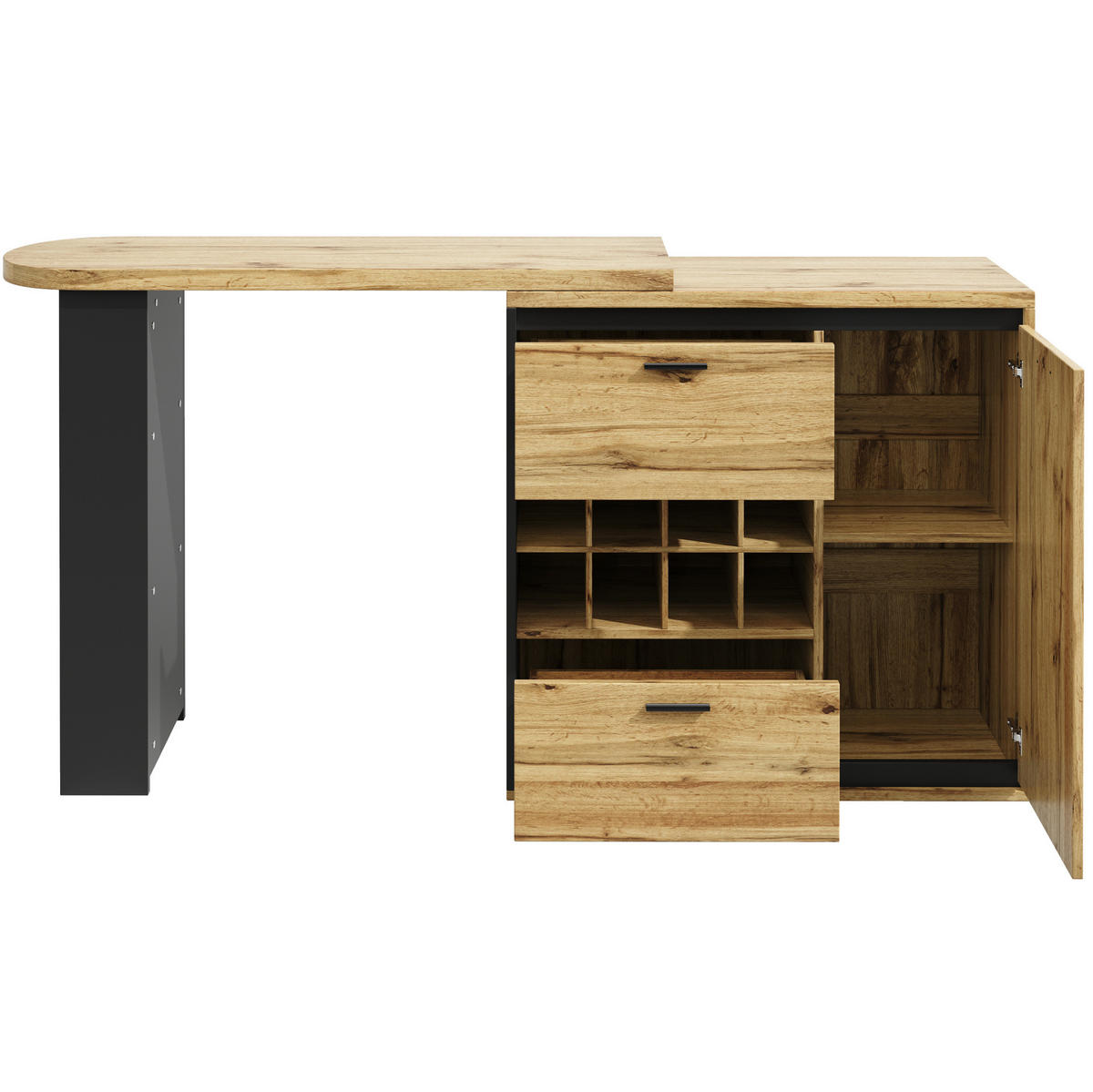 ESSTISCH aus MDF und Metall 138-220x39x105 cm Holzfarben ausziehbar mit 2 Schubladen, Weinregal und offenen Fächern - Naturfarben, Holzwerkstoff (138/39/105cm) - Modfu