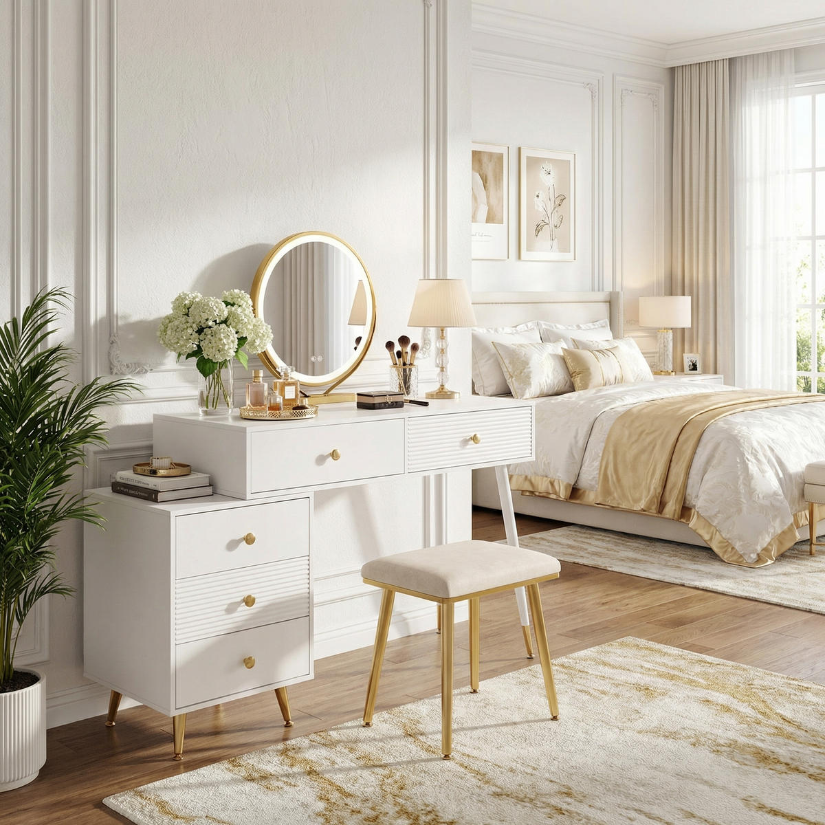 SCHMINKTISCH in Weiß mit LED-Touch-Spiegel & flexiblem Seitenschrank - Weiß, Holzwerkstoff (100/78/40cm) - Urban Meuble