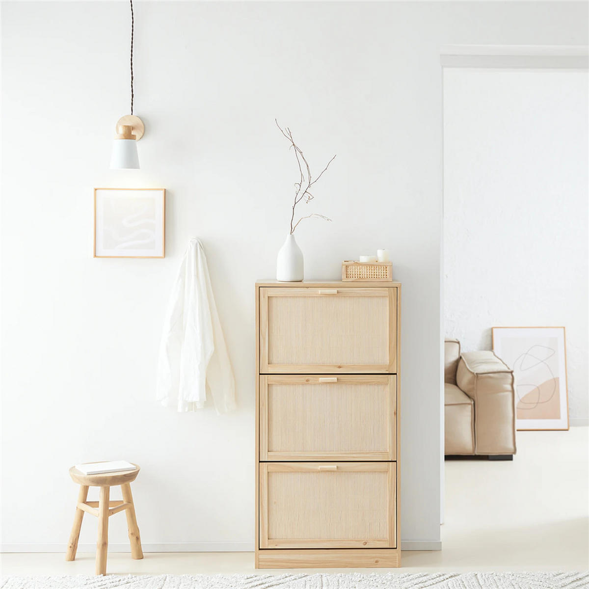 SCHUHKIPPER 3 Klappen Schmal , 6 Ablagen Natur - Naturfarben, Holz (60/118/24cm) - Kaket