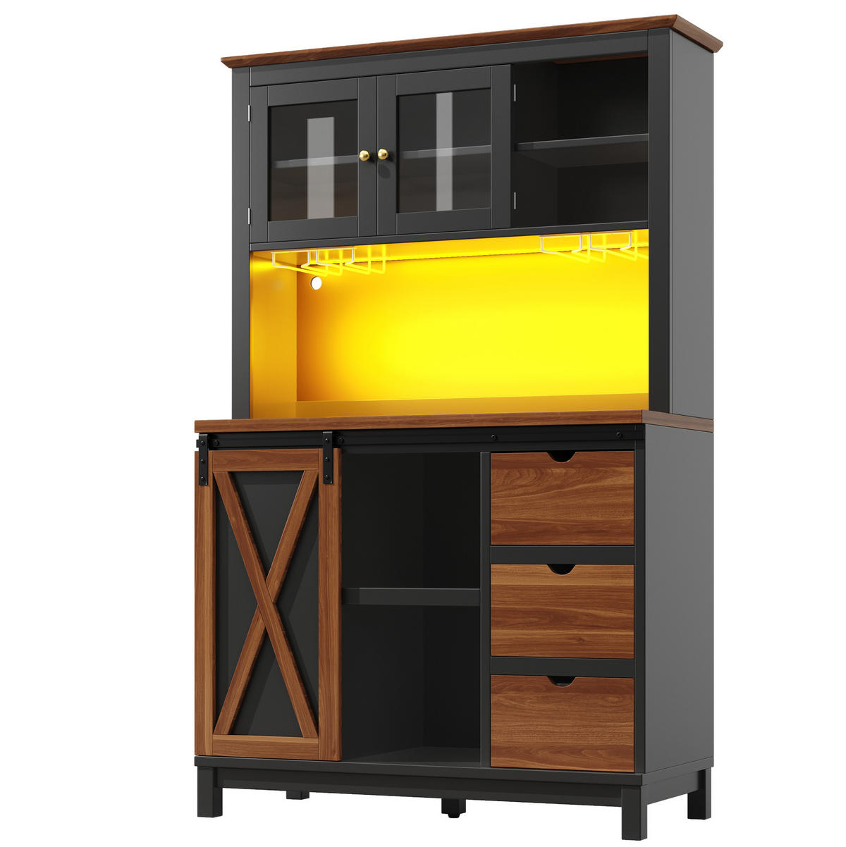 HOCHSCHRANK 104/40/180 cm mit LED-Beleuchtung, Schiebetür und verstellbaren Einlegeböden, Glasfront aus MDF/Metall, Schwarz - Schwarz, Glas (104/180/40cm) - Redom
