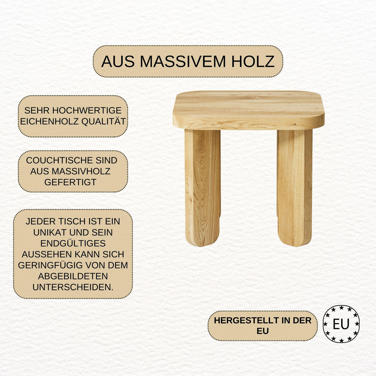 COUCHTISCH Eichenholz vollmassiv quadratisch Naturbelassenen 70/70/45 - Naturfarben, Holz (70/70/45cm)