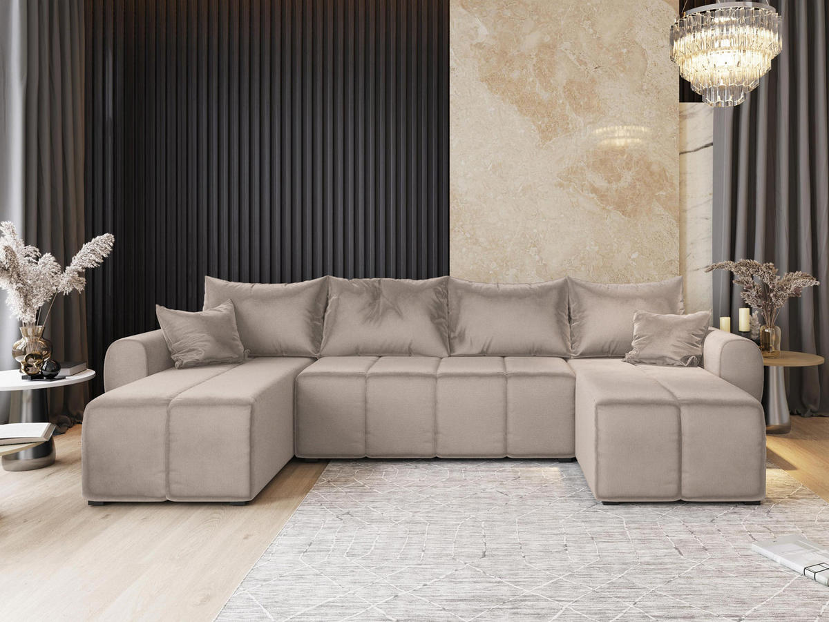 WOHNLANDSCHAFT MADISON U Beige Plüsch-Stoff mit Schlaffunktion - Beige, Holz (311/82/145cm) - MASSENO