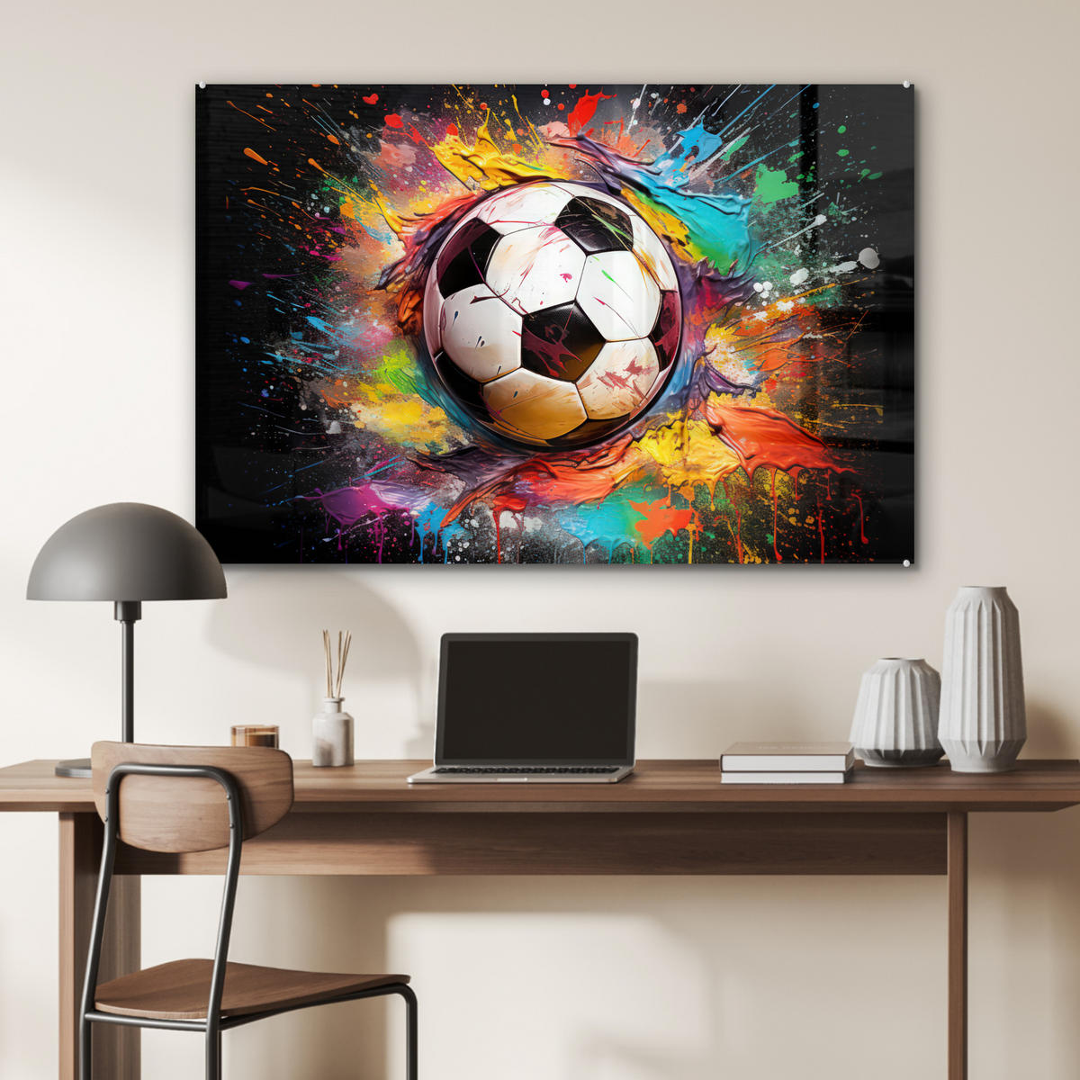 ACRYLGLASBILD Fußball - Farbe - Farben - Schwarz - Weiß 120x80 cm - Weiß, Glas (120/80cm) - MuchoWow
