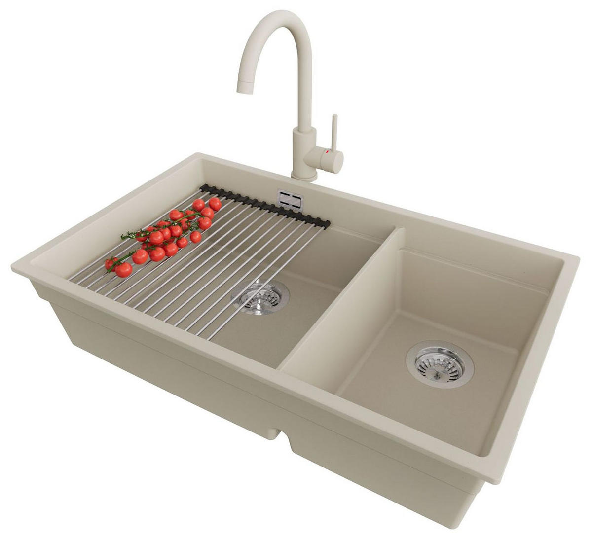 GRANITSPÜLE Praga Slim Duo, 2-er set Beige 76/47 cm 2 Becken + Küchenarmatur 32/20 cm + Ablauf-Set + Aufrollbare Abtropffläche ab 80er Unterschrank - Chromfarben/Beige, Kunststoff (76/20/47cm) - Primagran