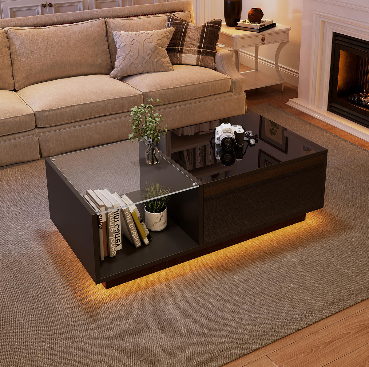 COUCHTISCH 100/50/33-46,5 cm mit LED-Beleuchtung und Stauraum, höhenverstellbar - Schwarz, Holzwerkstoff (100/50/33cm) - Flora Grace