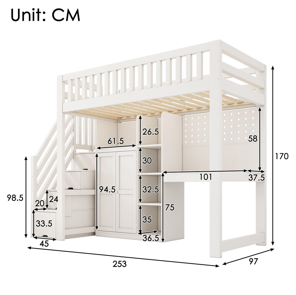 HOCHBETT 90/200 cm in Weiß mit Schreibtisch, Schrank und Lattenrost - Weiß, Holzwerkstoff (90/200cm) - BEAOK