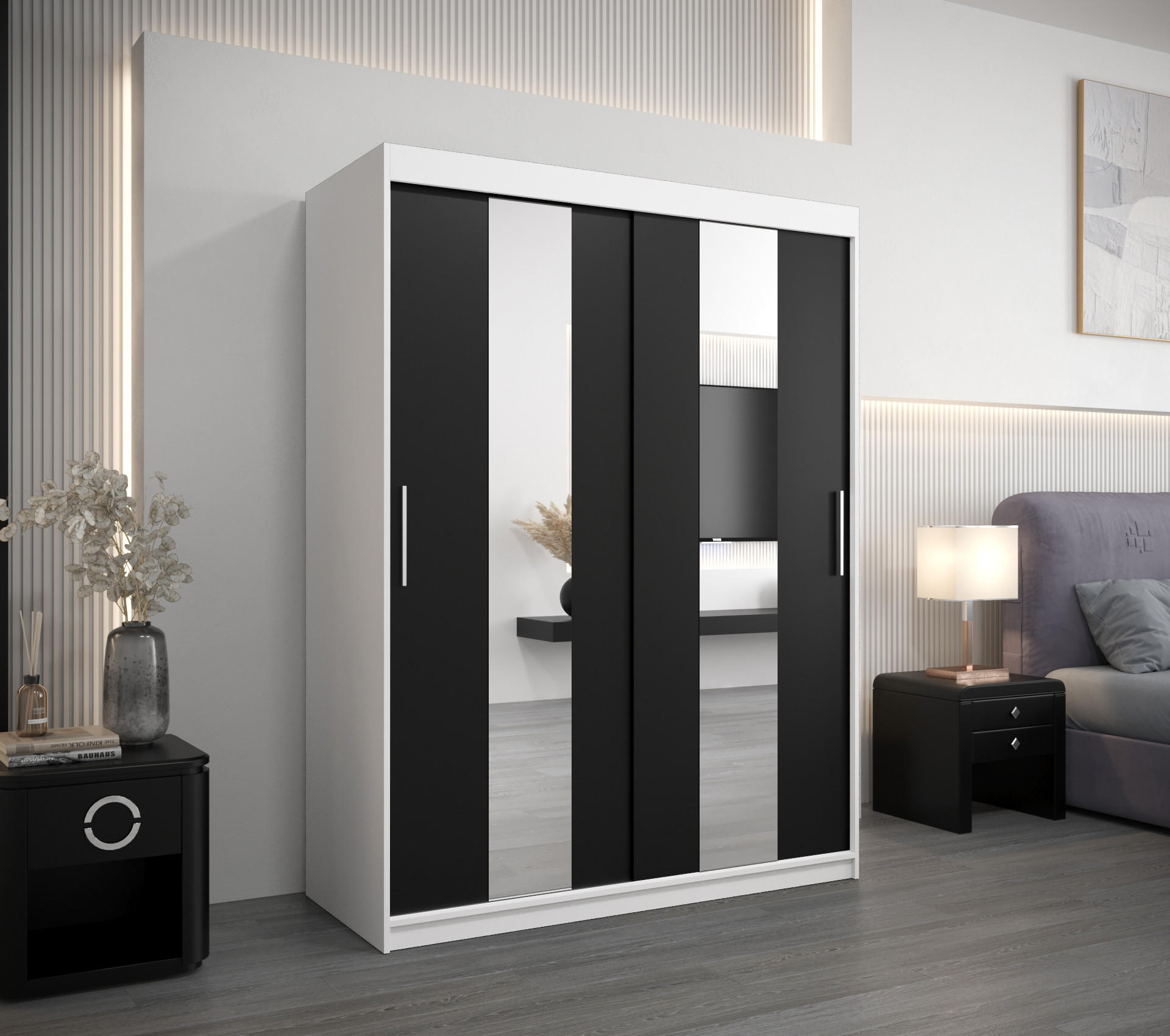 SCHWEBETÜRENSCHRANK 200/150/62 2-türig - Silberfarben/Schwarz, Holz/Kunststoff (150/200/62cm) - Abiks Möbel