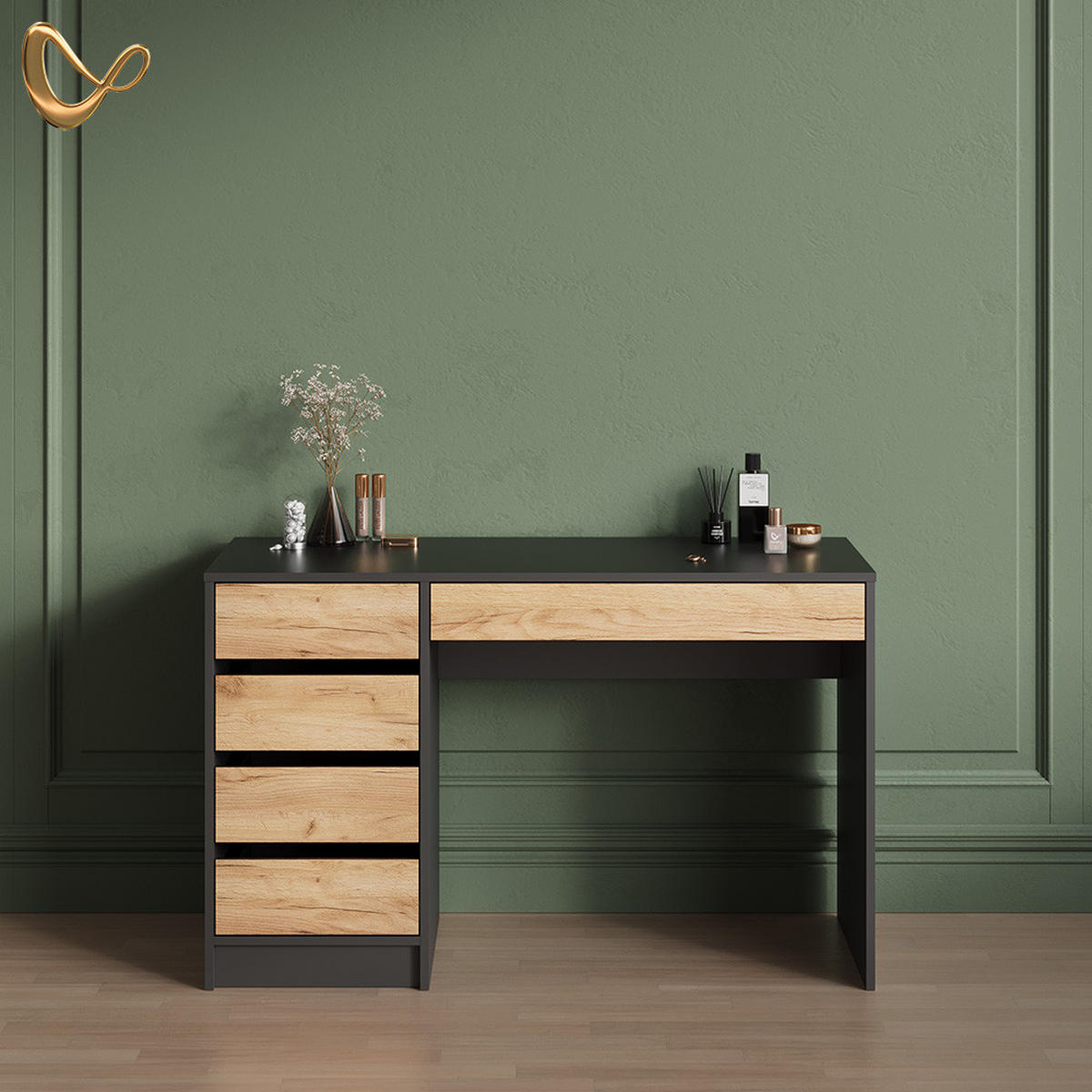 SCHMINKTISCH Imola Anthrazit/Goldkraft Eiche ohne Spiegel - Anthrazit/Eiche Wotan, Holzwerkstoff (55/120/75cm) - Livinity®