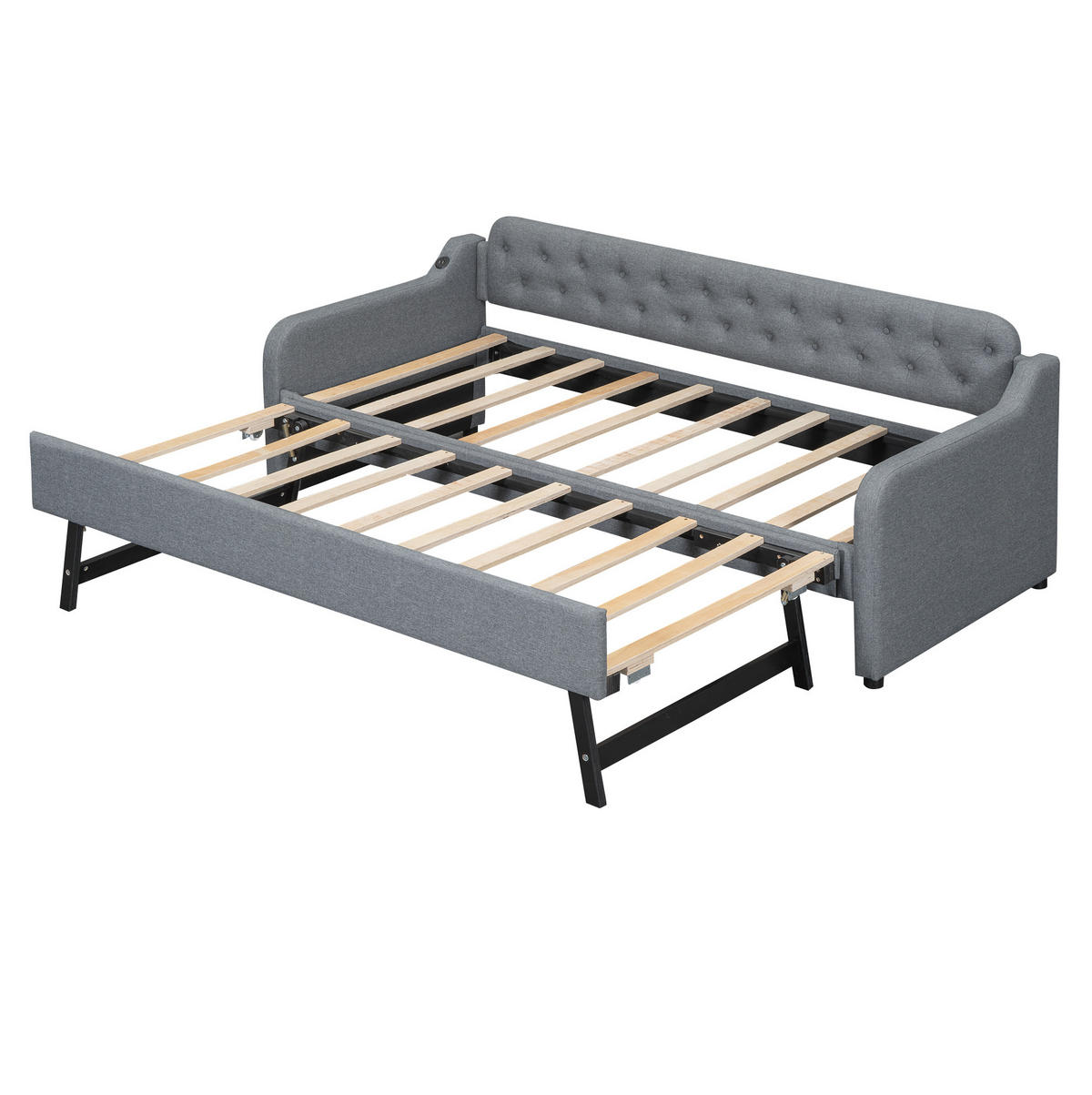TAGESBETT 90/200 cm mit Ausziehbett, USB-Anschluss und Leinenbezug, Grau - Grau, Textil (90/200cm) - Redom