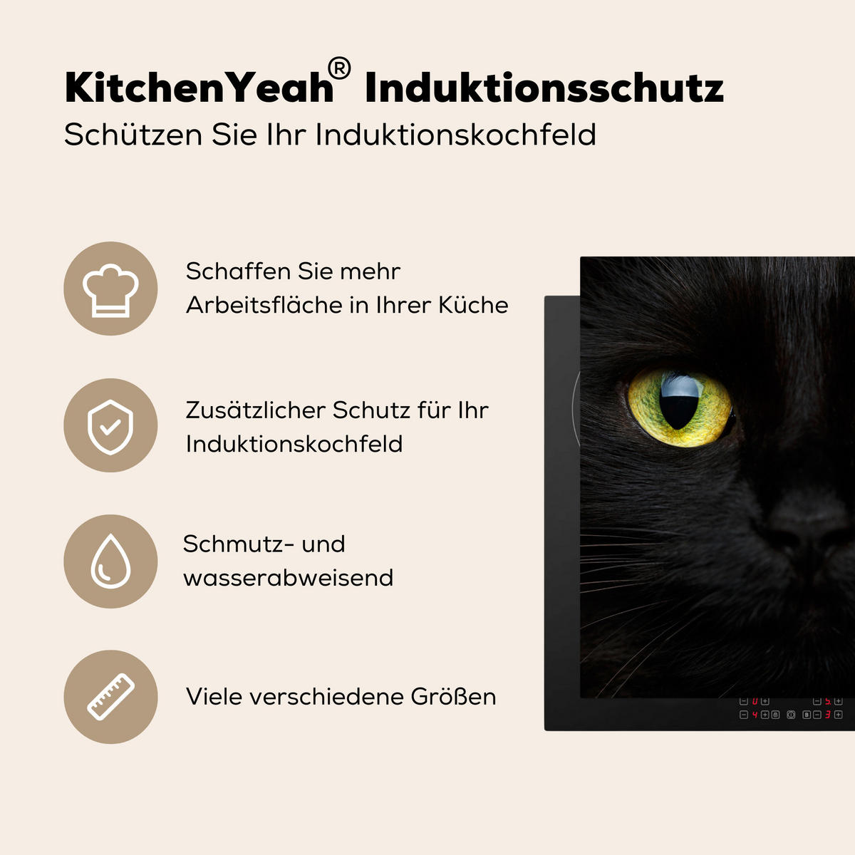 HERDABDECKPLATTE Katze - Augen - Gelb - Schwarz Induktionsmatte 78x78 cm - Schwarz, Kunststoff (78/78/0.2cm) - MuchoWow